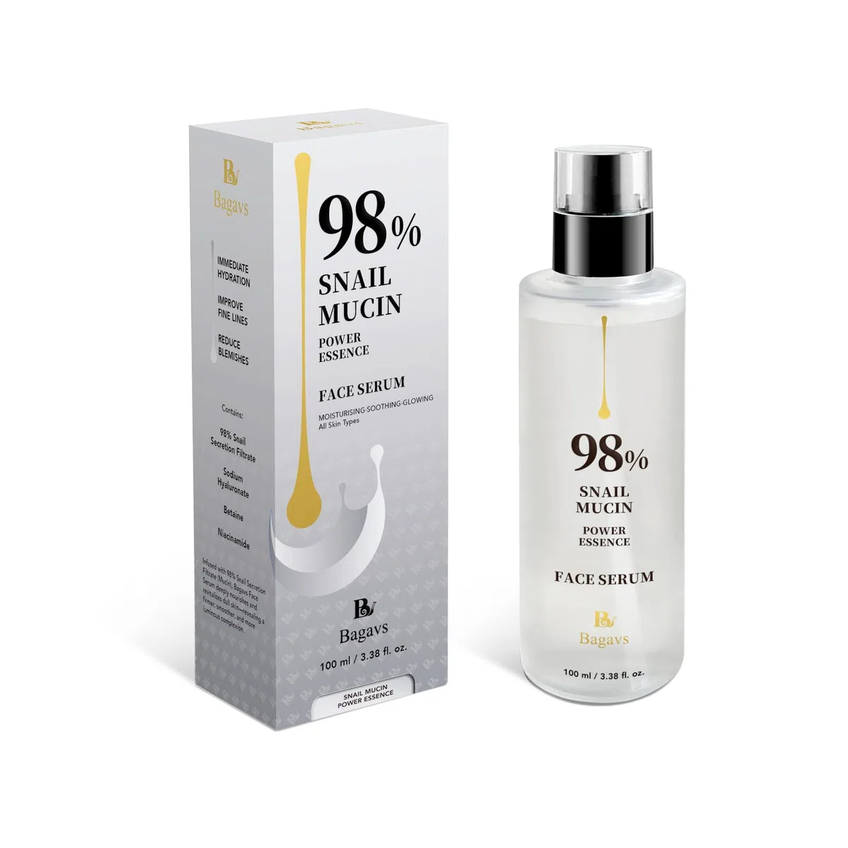 Siero Viso 100ml con 98% Bava di Lumaca, Niacinamide e Acido Ialuronico, Antirughe, Antimacchie Illuminante, e Antietà, si Assorbe Rapidamente dalla Pelle