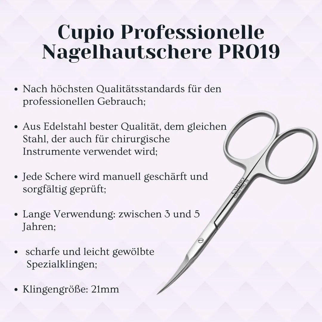 Cupio Forbicina Professionale per Cuticole PRO19 – Forbici in Acciaio Inox con Lama Curva di Precisione 21 mm – Forbicina Professionale Affilata a Mano per Manicure e Pedicure