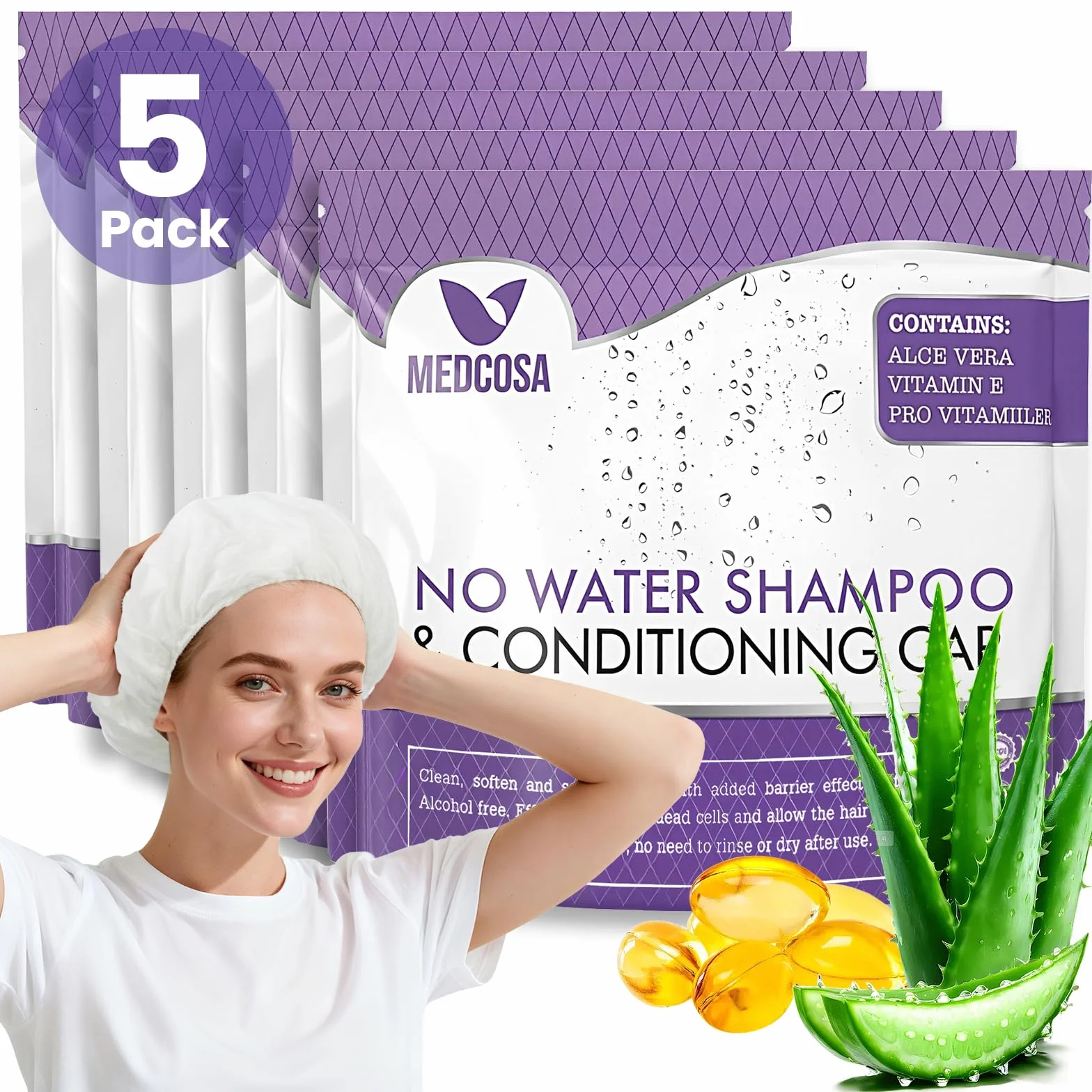 Medcosa Cuffia Shampoo a Secco - Cuffie per Lavare i Capelli senza Acqua - Shampoo senza Risciacquo - Formula con Aloe Vera Vitamina E Camomilla - 5x Confezioni con 1 Cuffia