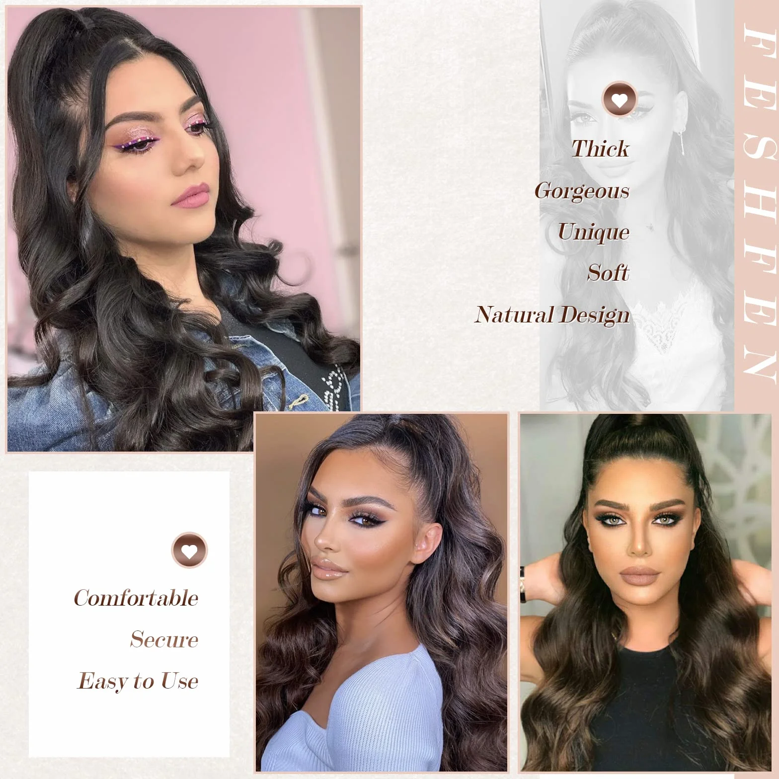 FESHFEN Extension Coda Capelli Lunga Castano Medio Posticci per Capelli Ondulati Ricci Coda Cavallo Capelli Extensions Finta per Donne, 60 cm
