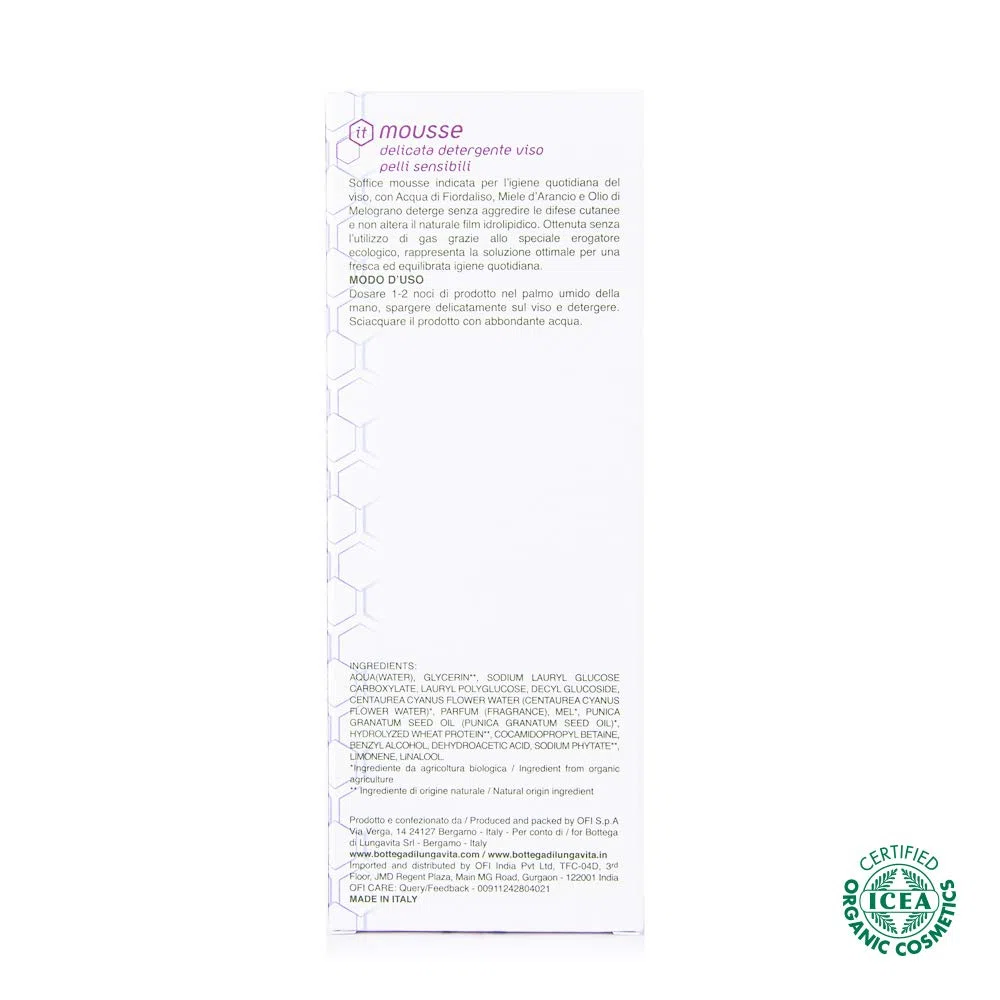 Bottega di LungaVita Natural Products MOUSSE DELICATA DETERGENTE VISO BIOCLARINE Certificata Biologica - Soffice mousse indicata per l'igiene quotidiana del viso. Cosmetico BIO - CERTIFICAZIONE ICEA