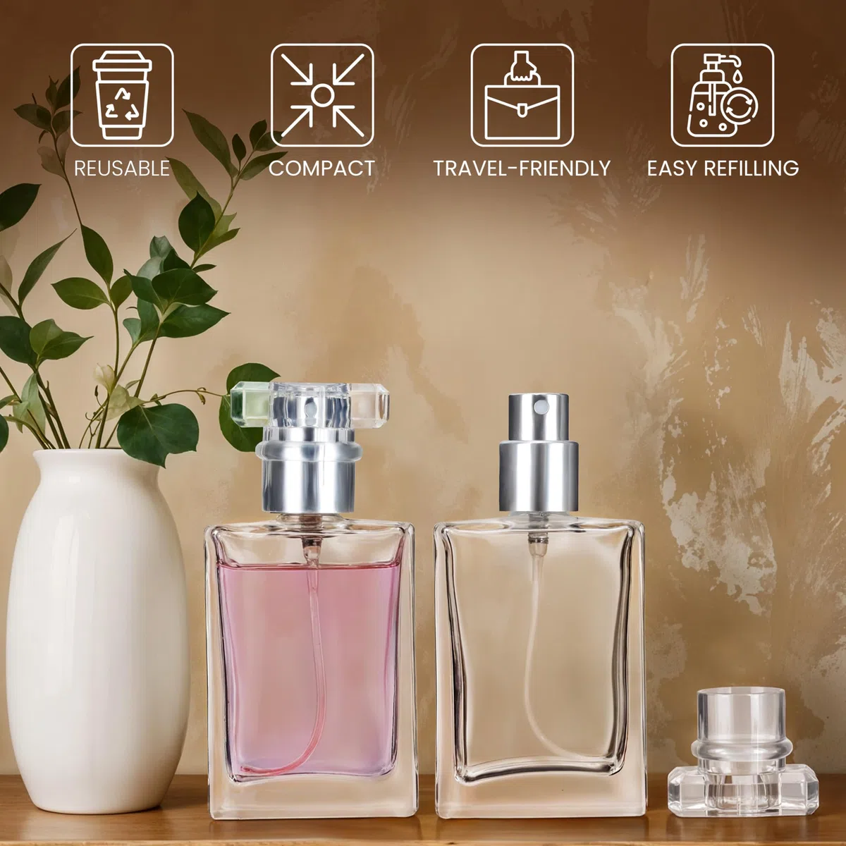 Belle Vous Flaconcini Vuoti per Liquidi 30 ml in Vetro Trasparente Riutilizzabili (Set da 8) - Boccette Profumi Vuoti Quadrate con Pompa Nebulizzatore Profumo - Per Viaggi, Oli Essenziali e Dopobarba