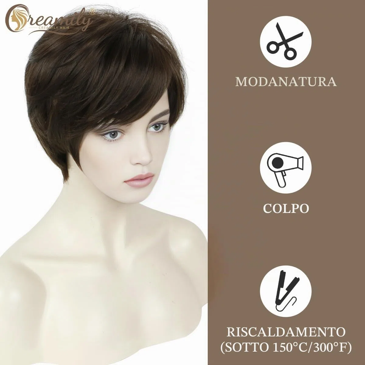 Creamily Parrucche corte castane, parrucca corta Pixie Cut con frangia per donne, parrucche sintetiche a strati naturali per capelli corti da donna, per cosplay, feste, uso quotidiano