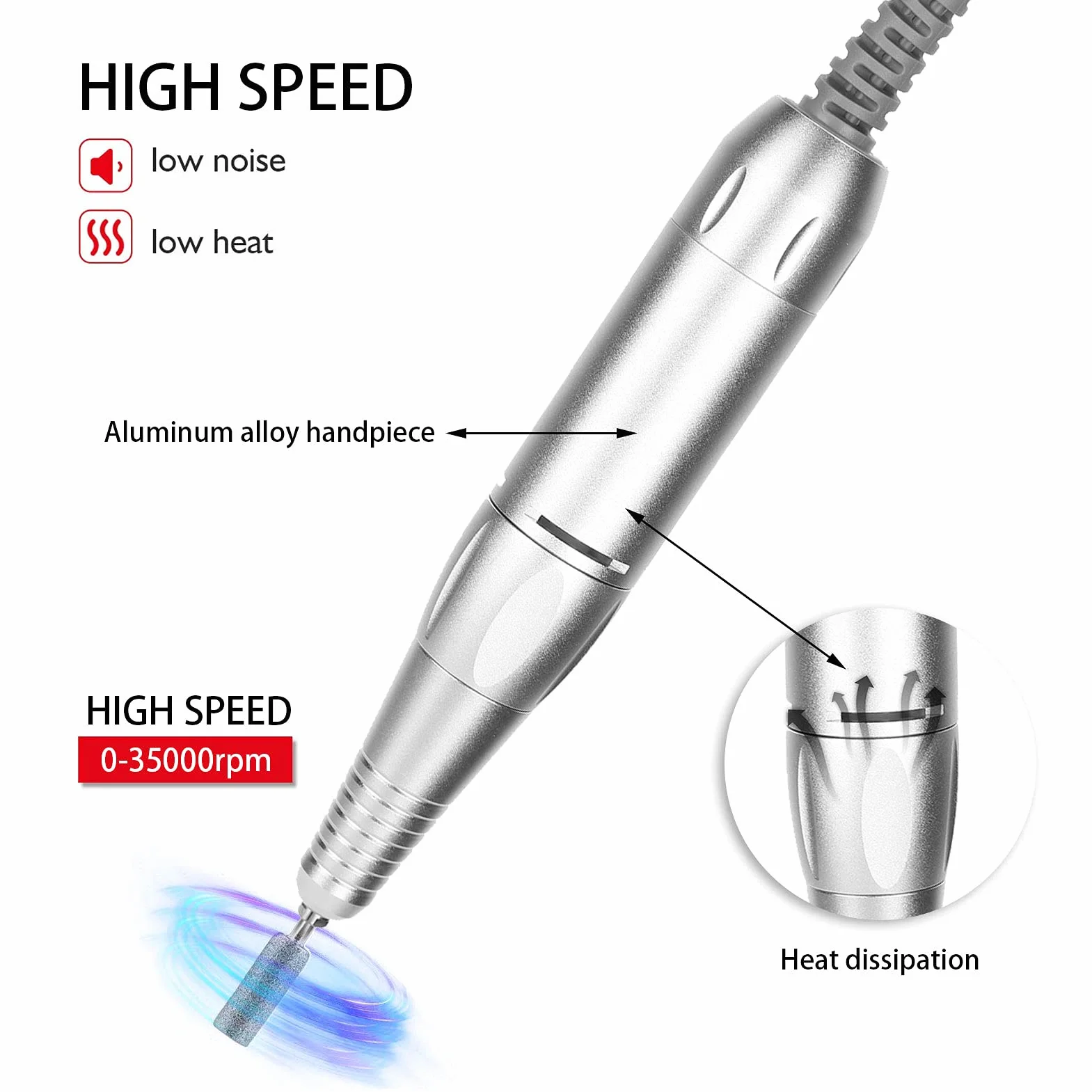 Manipolo per Trapano Unghie, 35000 RPM 12V Manico per Lucidatrice per Unghie Maniglia del Trapano del Chiodo Portatile Manico di Ricambio Professionale, per Manicure, Unghie Lucidate (Argento)