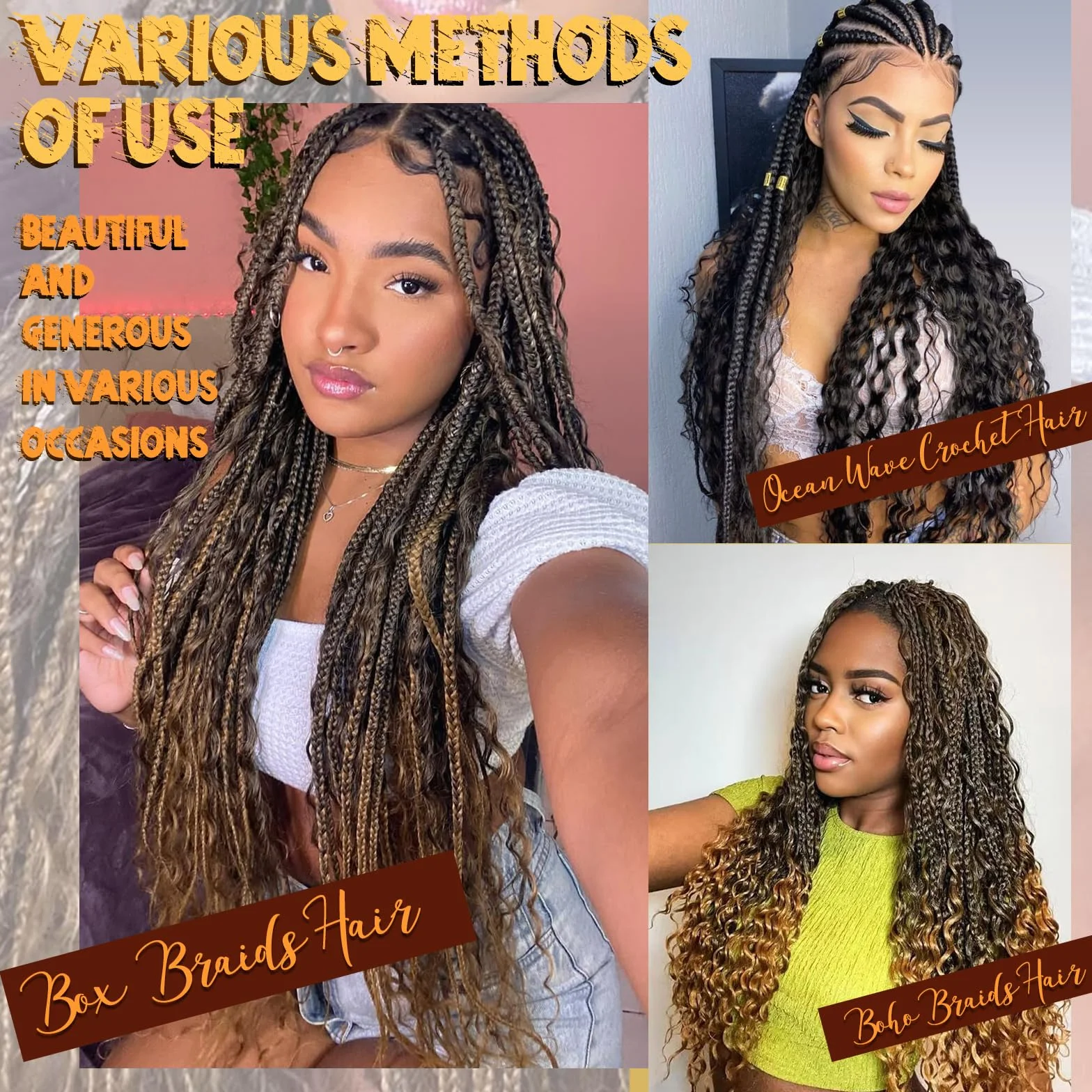 FESHFEN Ocean Wave Crochet Hair extension - 3 Pezzi Estensioni Capelli per Treccine a Onde Sintetici Ondulati Braiding Trecce Boho Posticci Extensions per Donne, 55 cm Castano