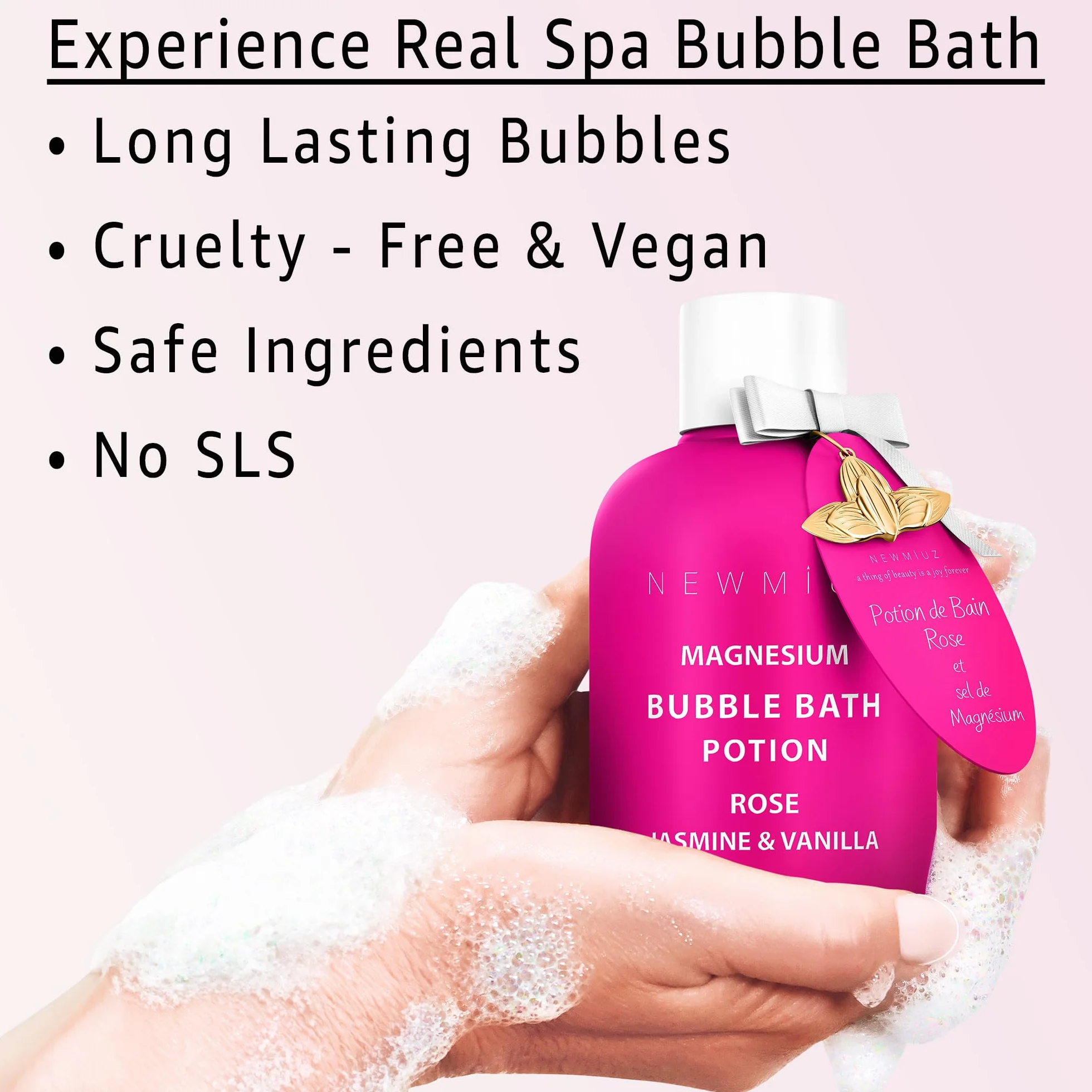 Magnesium Bubble Bath Rose Jasmine Vanilla – Luxury Long Lasting Bubble Bath For Sore Muscles – Epsom Salt Moisturizing Relaxing Stress Relief – Spa Self Care Spa Gift for Women Birthday Christmas