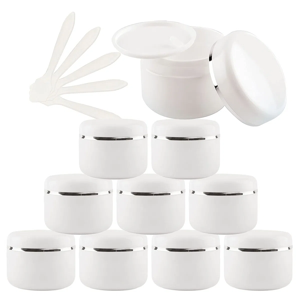 20 Pezzo Barattolo Vuoto di Plastica Bianca da 50 ml con Nastro d'argento Barattolo di Cosmetico Contenitore per Prodotti di Cosmetica Creme Balsami Labbra con 5x spatole