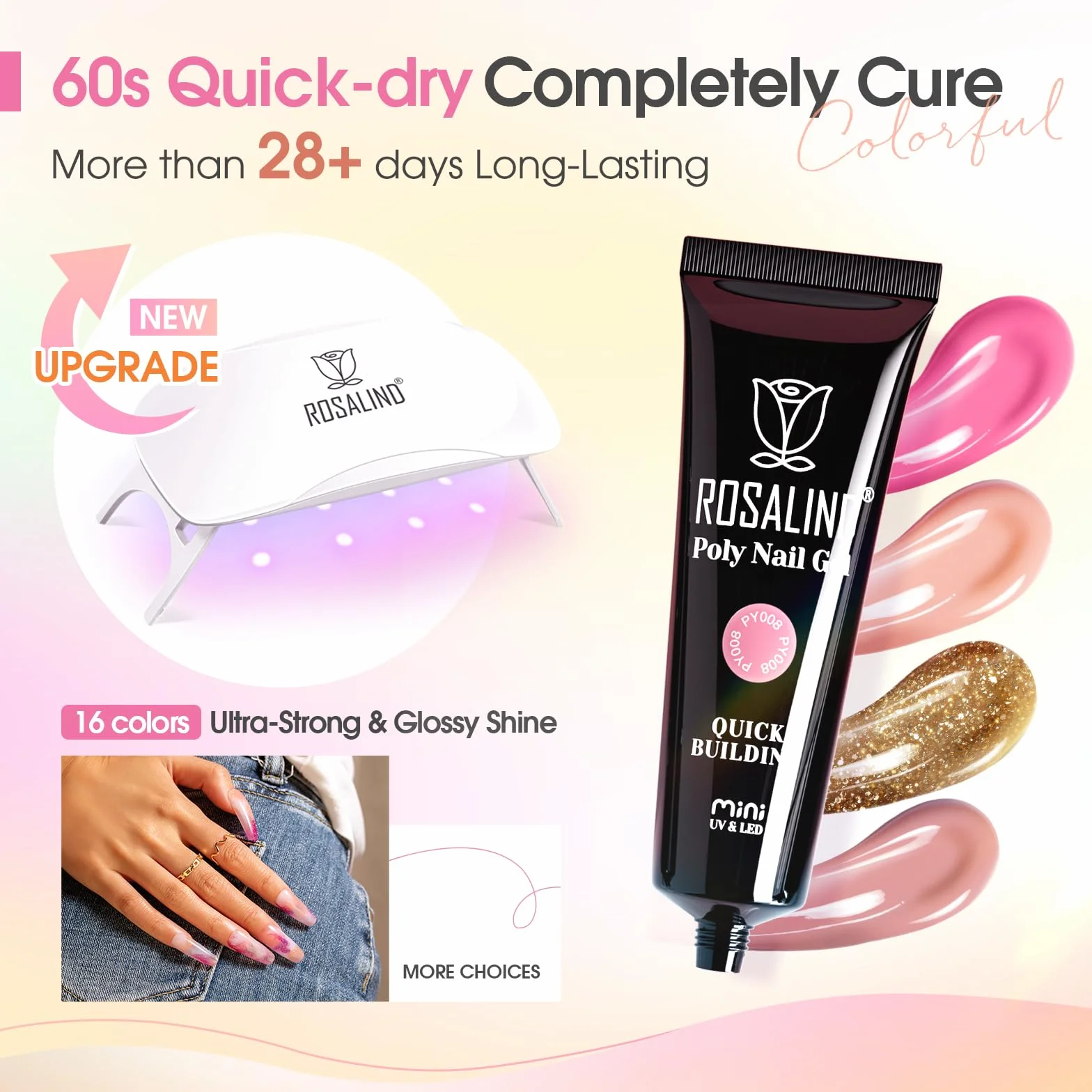 ROSALIND Kit Completo Arcygel, 16pcs 10ml Estensioni Gel per Unghie con Lampada UV, Base e Top Coat, Strumenti Manicure, Kit Completo Poly Unghie gel Nail Art per Principianti e Professionisti