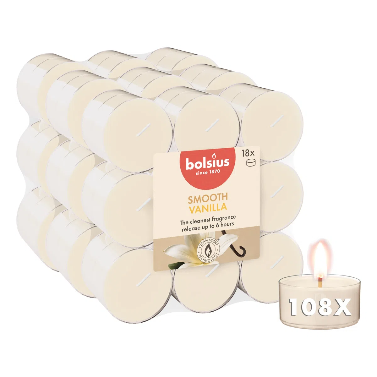 Bolsius - Candeline profumate - 108 pezzi - Vaniglia - 6 ore - bicchiere trasparente - estratti naturali