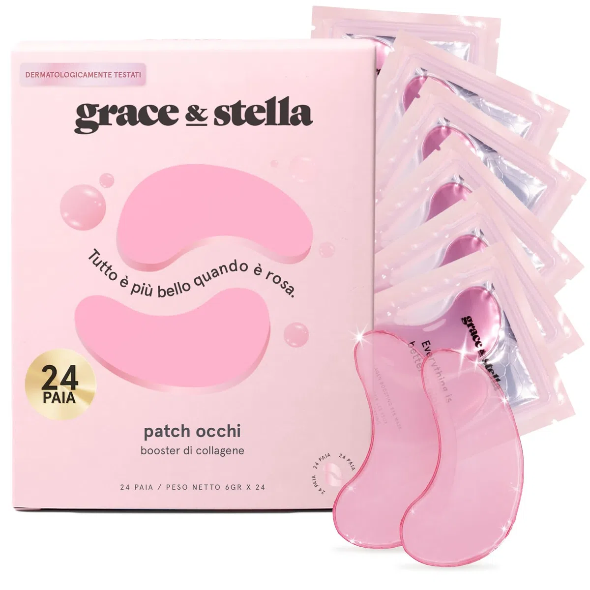 Patch Occhi Premiati (24 Paia, Rosa) – Premio Migliori Patch Occhiaie e Borse Naturali – Riduce Occhiaie, Gonfiori, Borse e Rughe – Maschera Occhi Vegan – Eye Patch by grace&stella