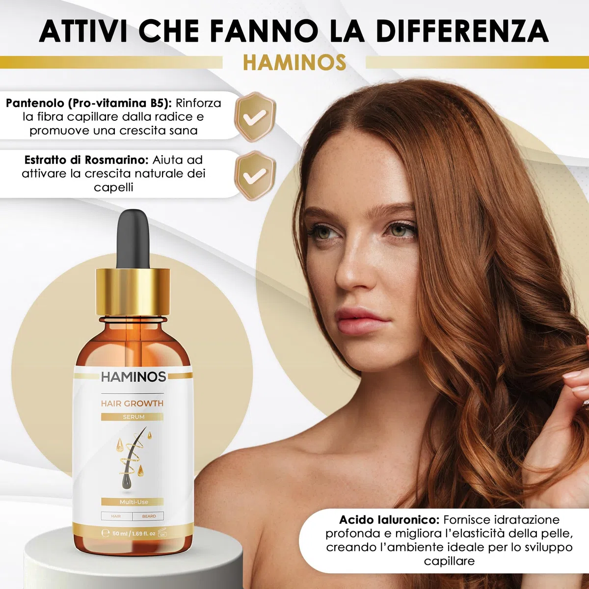 HAMINOS Siero Crescita Capelli con Rosmarino, Ginseng, Zenzero e Peptidi – Stimola e Rinforza – Anticaduta e Rivitalizzante - FORMULA UNICA (50 ml)