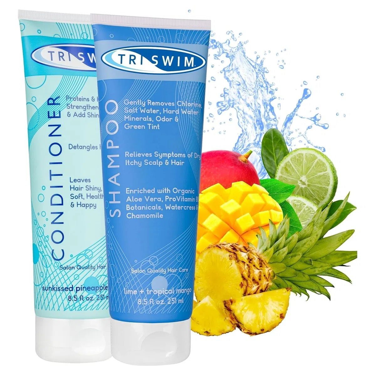 TRISWIM - Pacchetto per la Cura dei Capelli per la Rimozione del Cloro, Shampoo Idratante Per la Rimozione Cloro, Balsamo Capelli Per Nuotatori, Trattamento Anti Cloro per Nuotatori (251+251ml)
