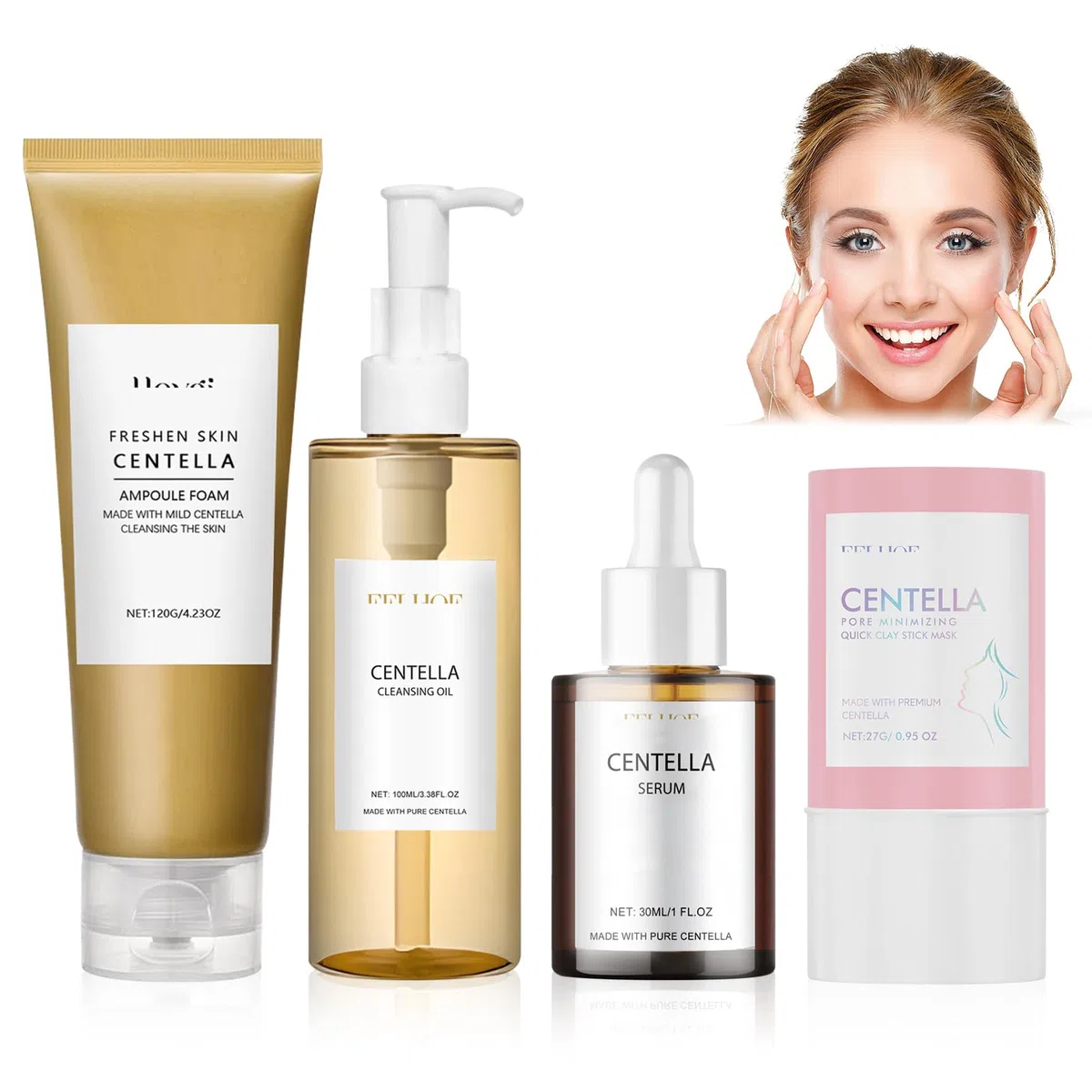 4 Pezzi Centella Kit, Centella Cleansing Oil + Centella Detergente Viso + Siero Viso + Centella Stick Mask, Skincare Kit, Delicato e Leggero, Adatto Alle Pelli Sensibili