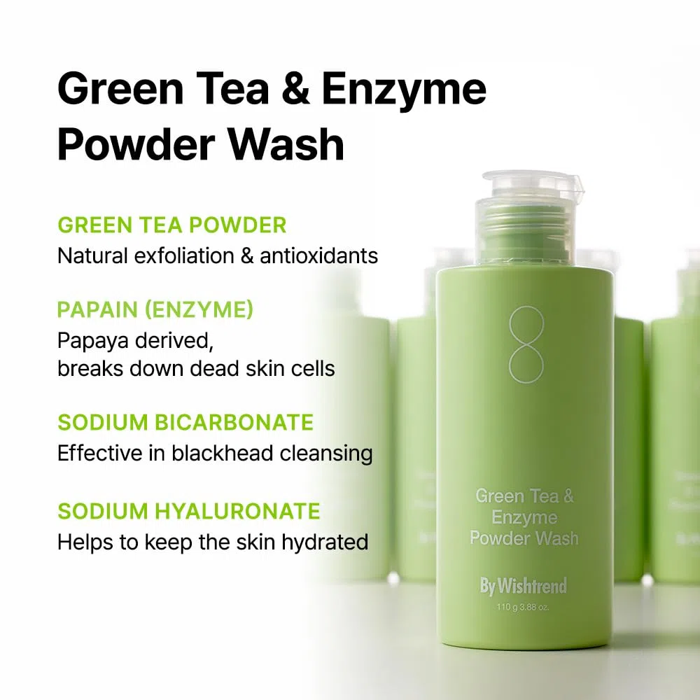 BY WISHTREND Detergente viso in polvere di tè verde ed enzimi, tutto in uno, detergente viso quotidiano idratante ed esfoliante delicato per pori e punti neri (3,88 once (confezione da 1))
