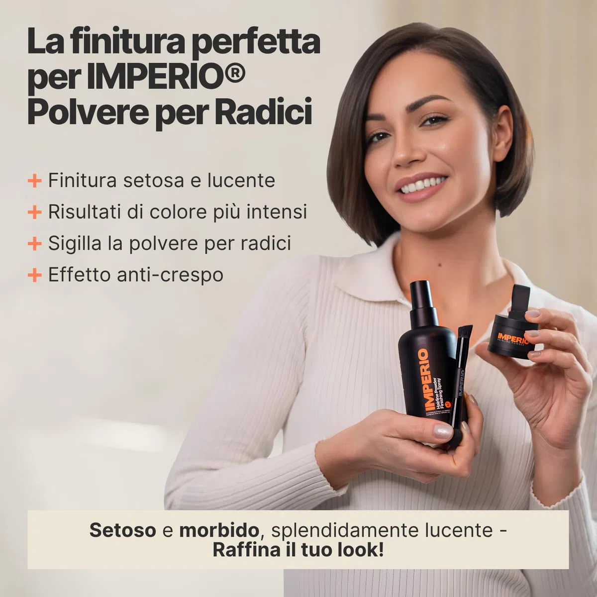IMPERIO Spray di Finitura di Polvere per Radici - Spray Premium con Effetto Anti-crespo per una Finitura Setosa - Rifinitura Colore e Sigillatura Della Polvere per ritocco ricresita capelli - 250ml