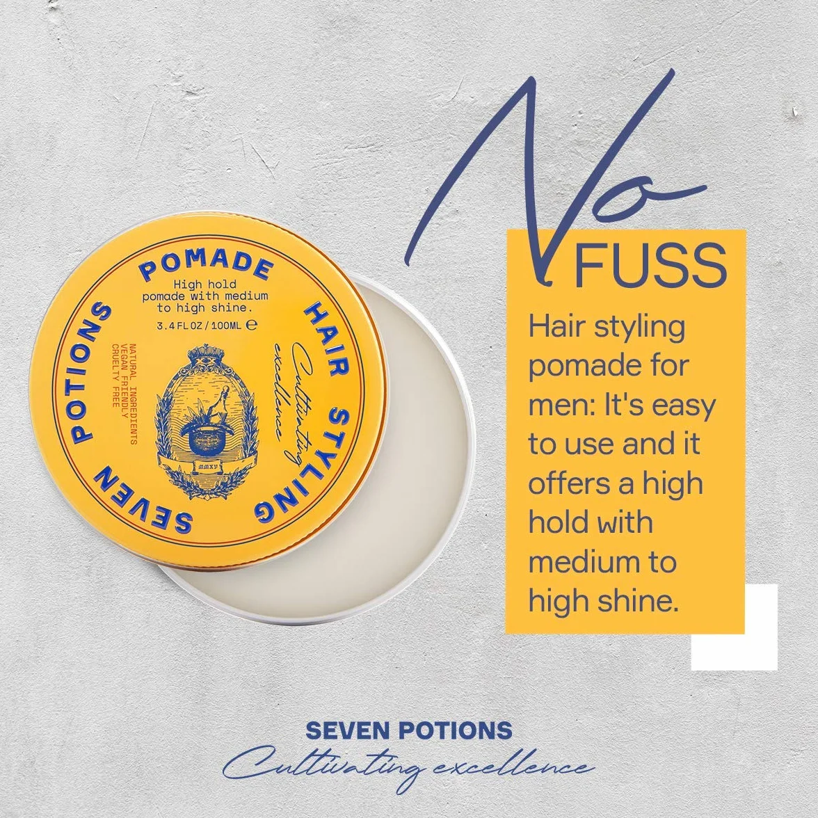 Seven Potions Pasta per Capelli da Uomo - Pomata per Capelli Brillante a Base d'Acqua - Tenuta Forte - Naturale, Vegana e Cruelty Free (100ml)