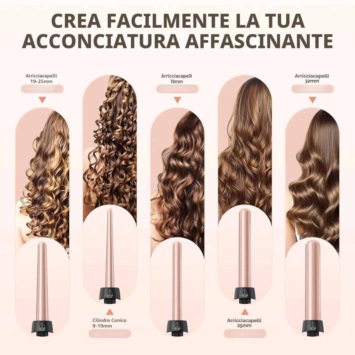 Ferro Arricciacapelli 5 in 1 Set Arricciacapelli Ceramica con Temperatura Regolabile 80°C - 230°C e Display LCD Piastra Onde per Capelli con 9-32mm Ferri di Diverso e Spegnimento Automatico