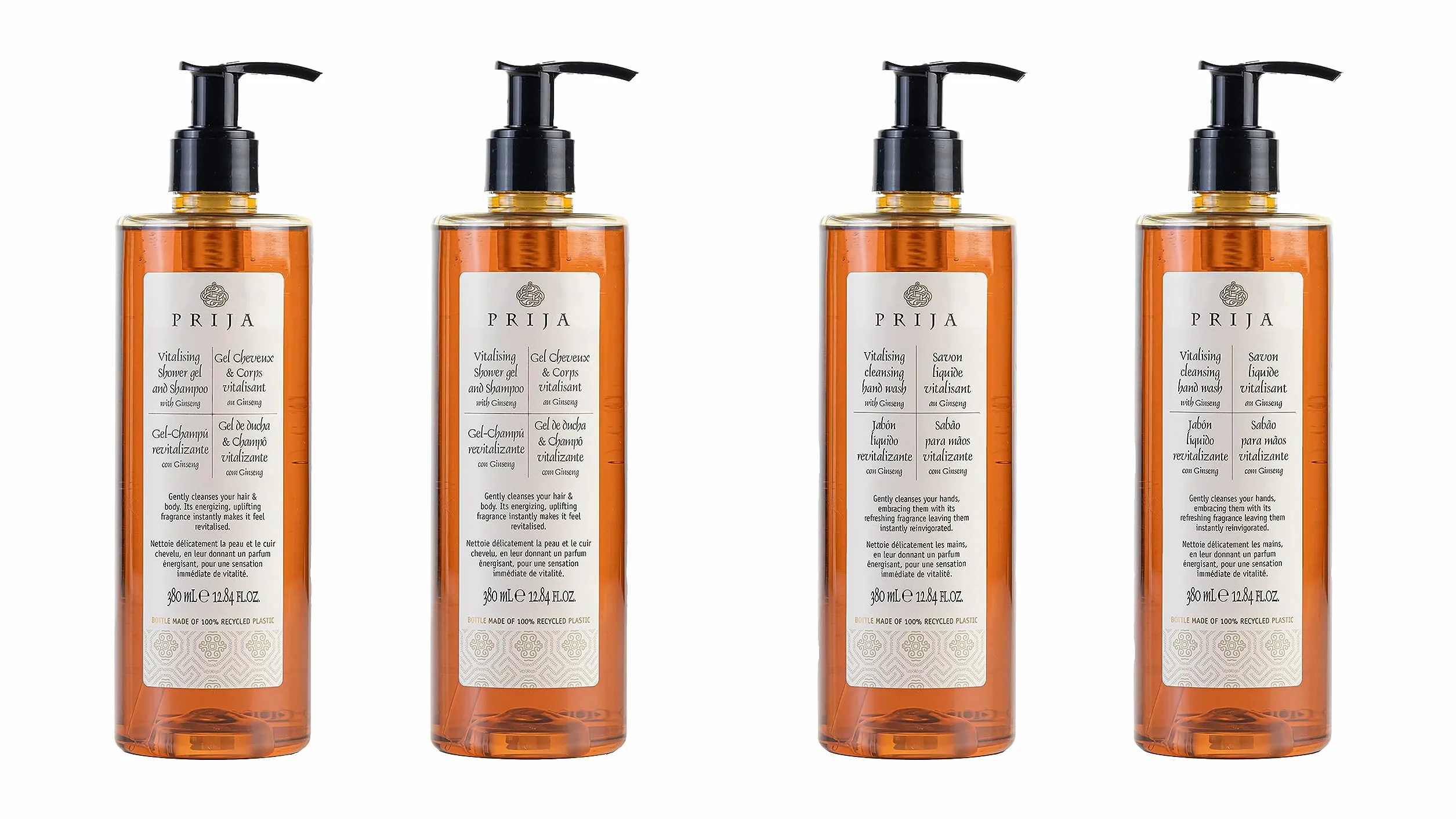 Prija Detergente Mani Vitalizzante con Estratto di Ginseng e Gel Doccia 2 in 1 Vitalizzante e Shampoo Bundle 4 x 380ml