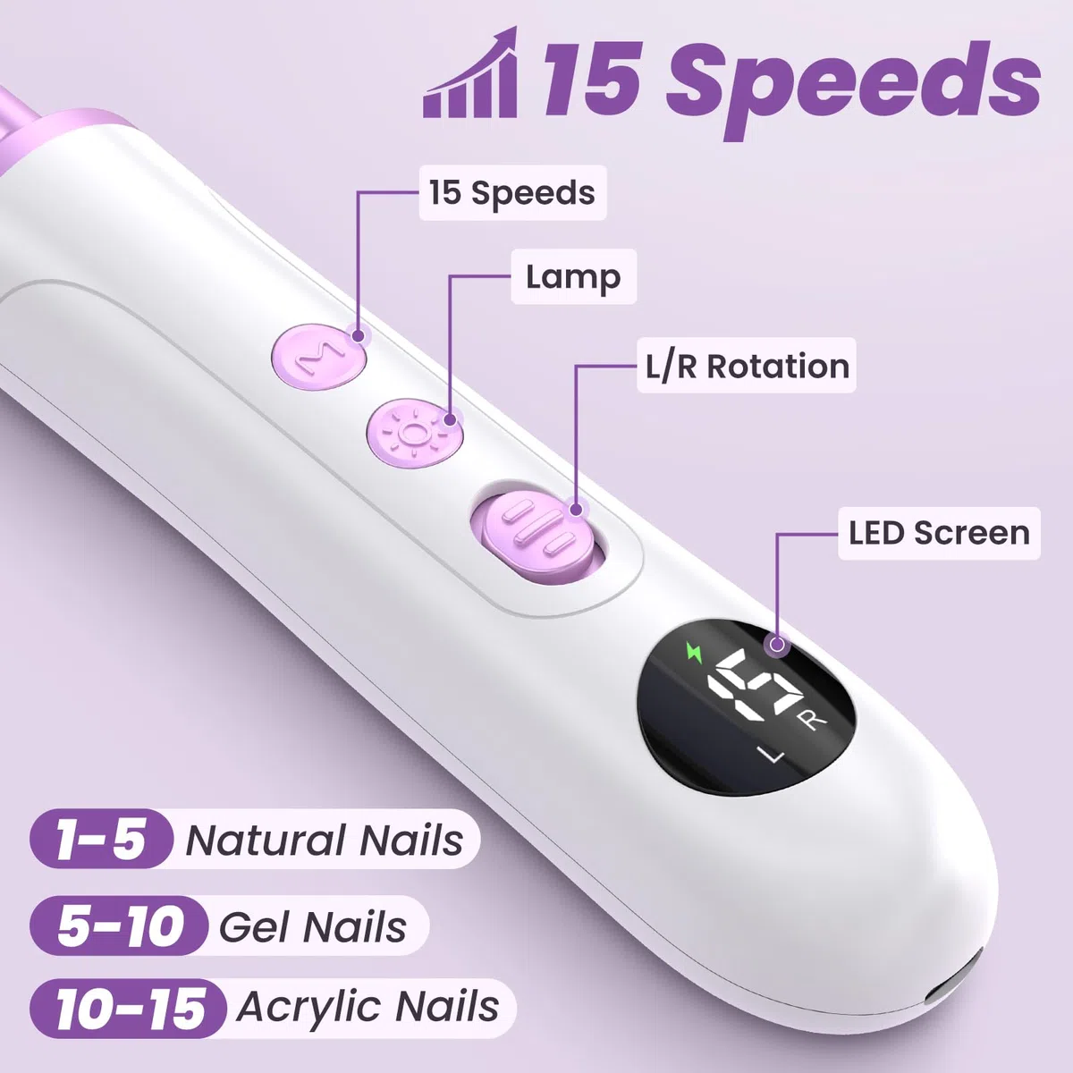 Fresa Professionale per Manicure e Pedicure, Lima per Unghie Elettrica, 15 Velocità Regolabil, Fresa per Unghie Piedi con 8 Accessori, Set Manicure Elettrico per Mani O Piedi, Casa e Salone