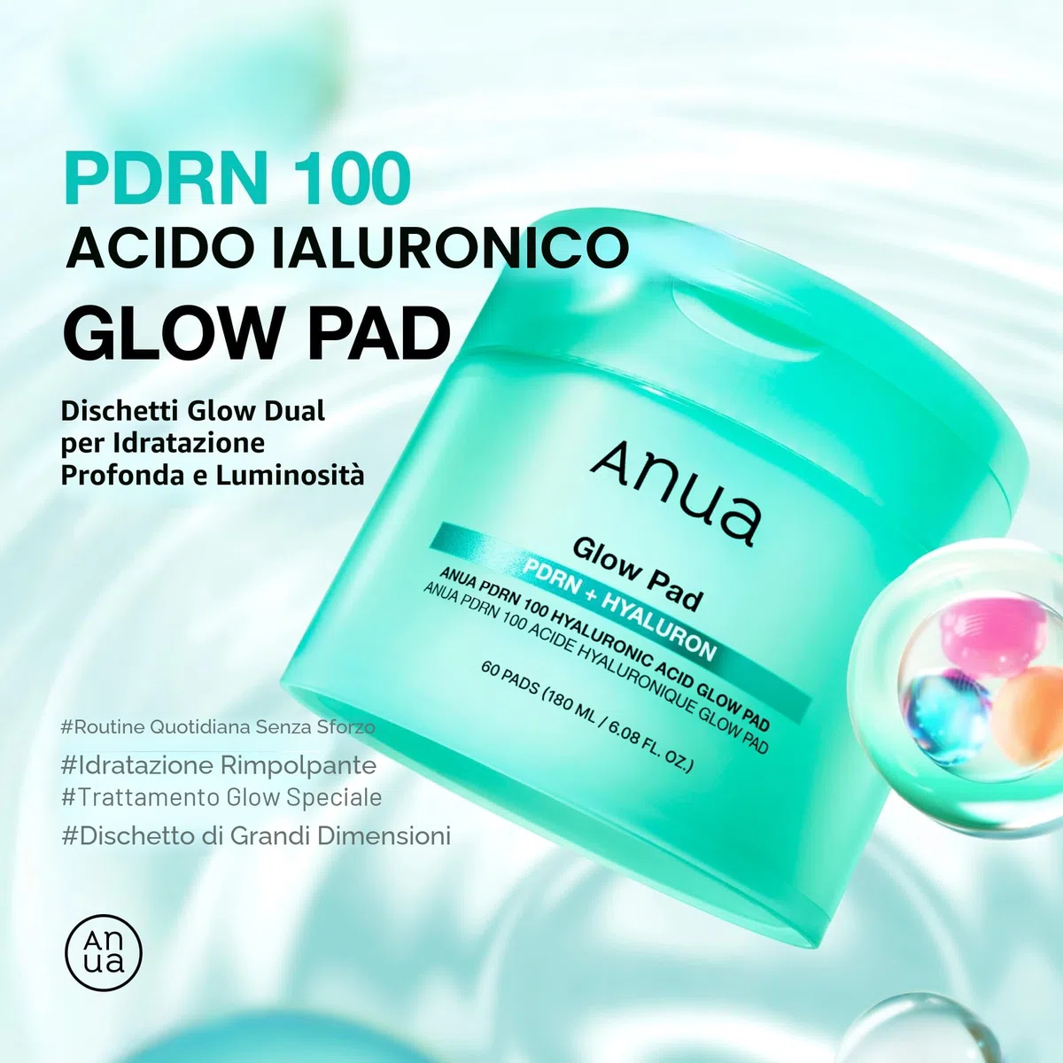 Anua PDRN 100 Hyaluronic Acid Glow Pads - Dischetti tonico viso coreani glow e rimpolpanti con PDRN e Acido Ialuronico, idratazione profonda, prep make-up, doppia texture (180 ml, 60 pads)