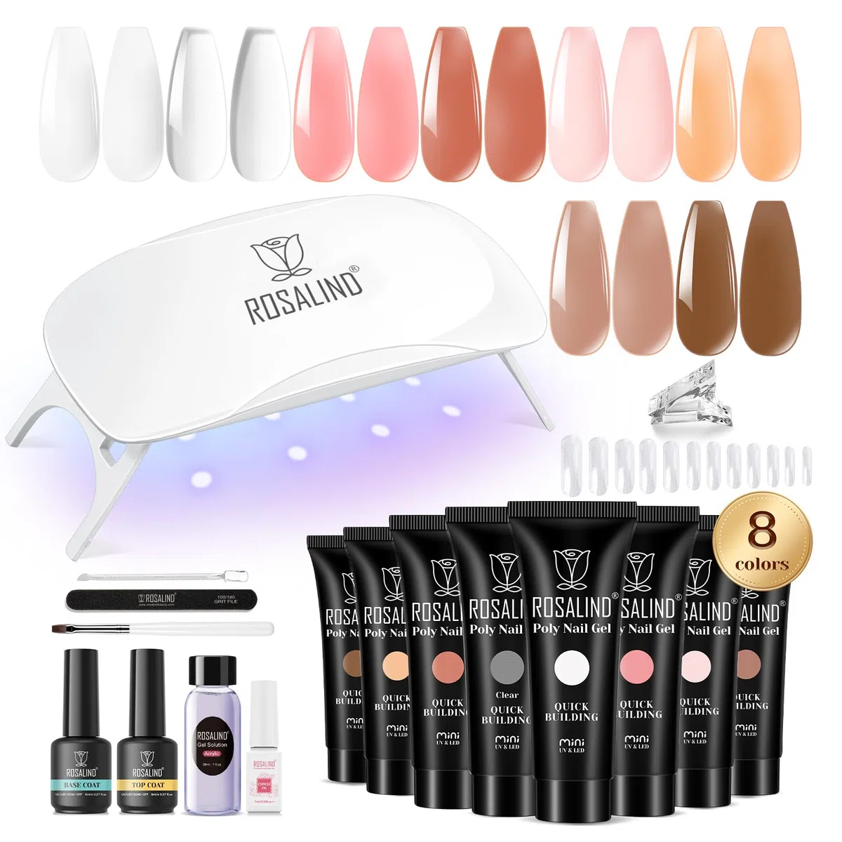 ROSALIND Gel Unghie Ricostruzione Kit Completo 8 Colore 10ml, Poligel Set con Base & Top Coat, Lampada UV e Strumenti per unghie, per Fai Da Te a Casa, Professionale Salone, Kit Unghie Gel Nail Art