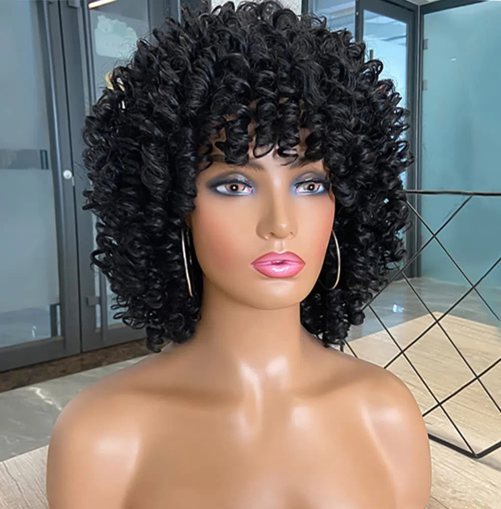 Parrucche Nero ricci corte per le donne, parrucca riccia nera morbida con frangia, riccioli afro kinky parrucca sintetica resistente al calore naturale per donne nere