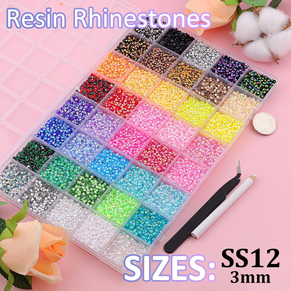 32000 strass per nail art, 40 colori, 3 mm, in resina, kit con colla, pinzette e penna, cristalli con retro piatto, per fai da te, artigianato, decorazione, vestiti, scarpe