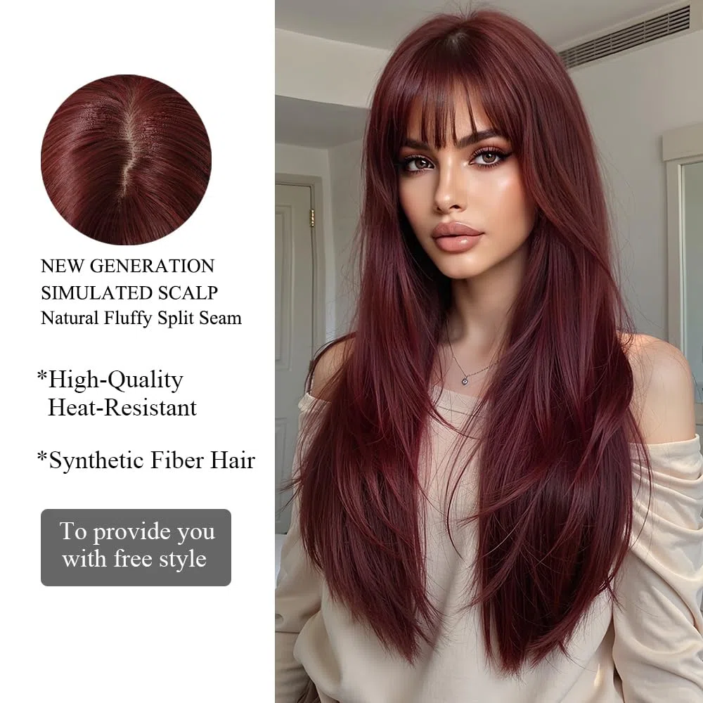 Parrucche Rosso Vino per Le Donne Parrucca Lunga con Frangetta Parrucche Dritte Naturali Parrucche Sintetiche Resistenti Al Calore per La Festa Quotidiana Cosplay Wear