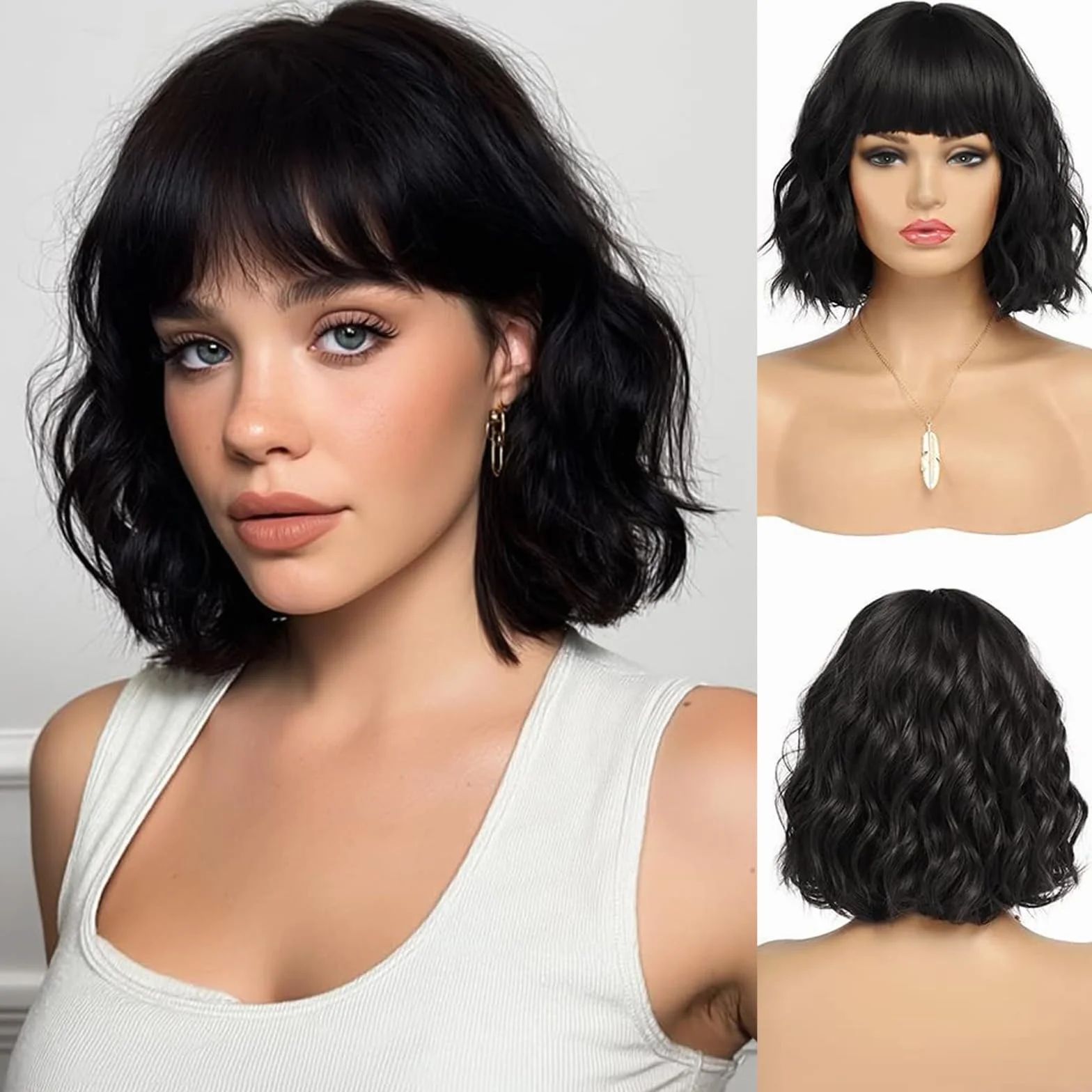 Parrucca corta ondulata nera con frangia Ondulata parrucca corta bob per donne Capelli sintetici e naturali ricci per uso quotidiano, feste, carnevale, cosplay