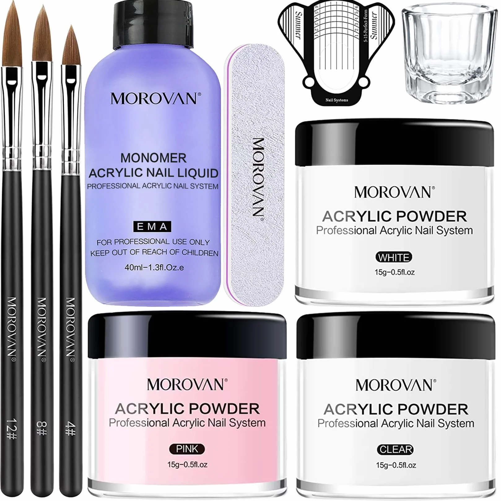 Morovan Polvere acrilica per unghie, 3 colori e 3 pennelli professionali, kit per principianti nail art