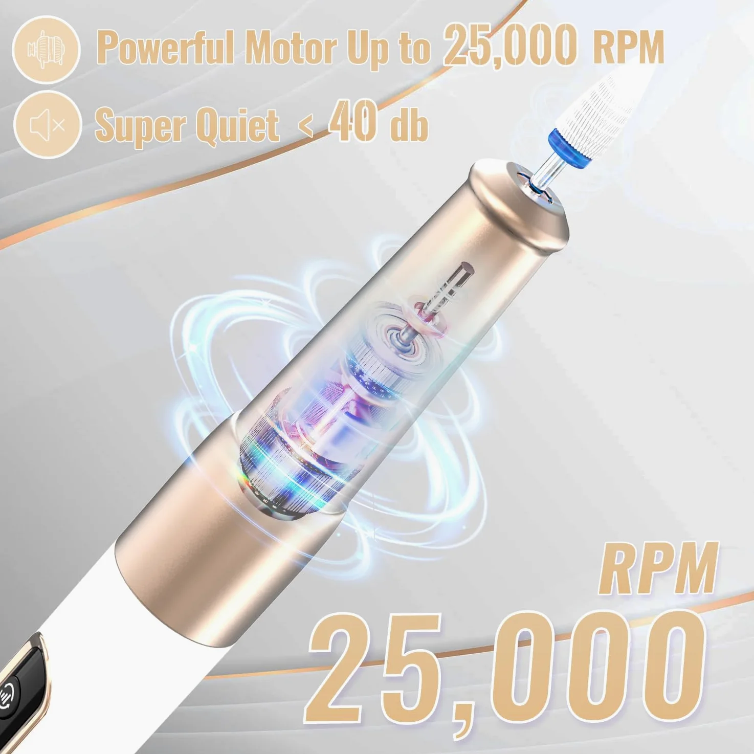 Fresa per Unghie, Lima per Unghie Elettrica 12 in 1 Senza Fili Professionale 25000RPM Giri, con Display LCD, Portatile Kit Manicure Pedicure Elettrico per Rimozione Gel Semipermanente Oro