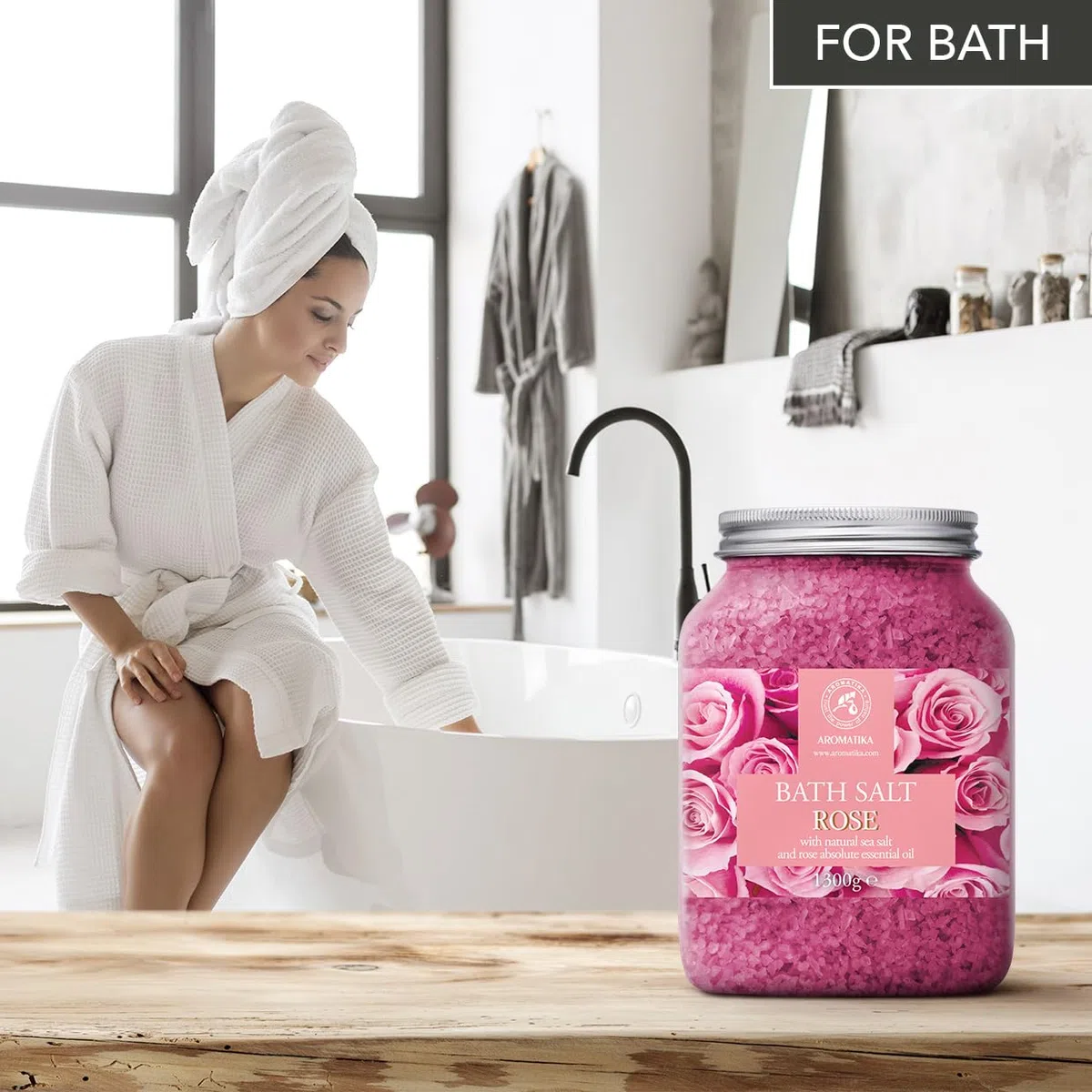 Sale da Bagno Rosa 1300g - Sale Marino con Olio Essenziale di Rose - per un Buon Sonno - Riduzione dello Stress - Cura del Corpo - Relax - Aromaterapia - Bellezza - Sali da Bagno di Aromatika
