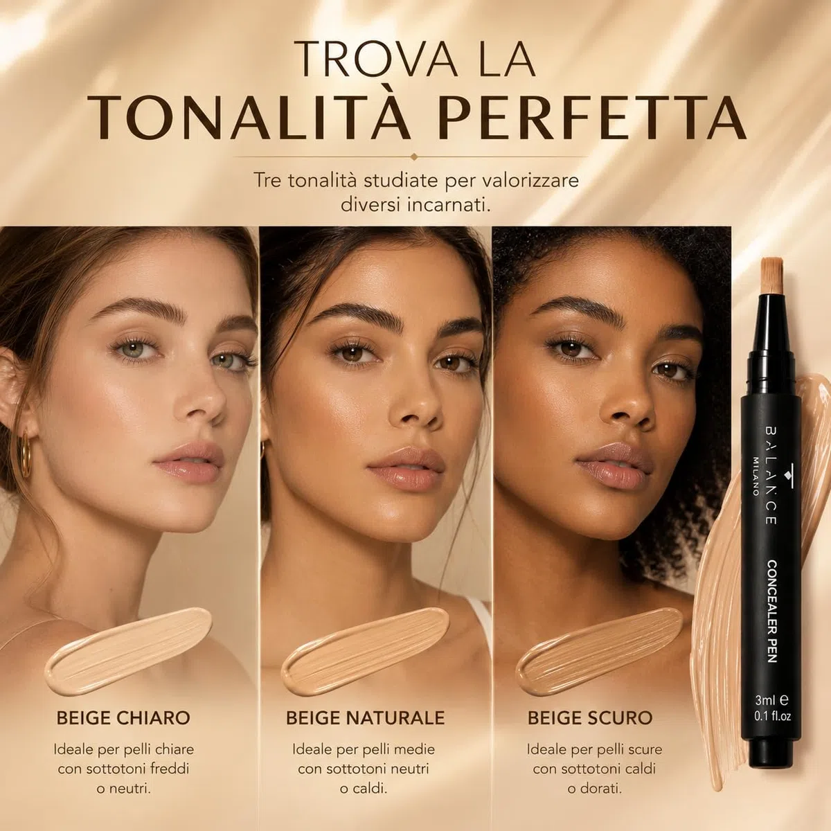BALANCE MILANO 3ml Correttore Occhiaie Made in Italy - Fluido Levigante - Correttore Idratante e Coprente - Finish Naturale Luminoso Effetto Seconda Pelle - Vegan Silicon Free - Make Up (Beige Scuro)