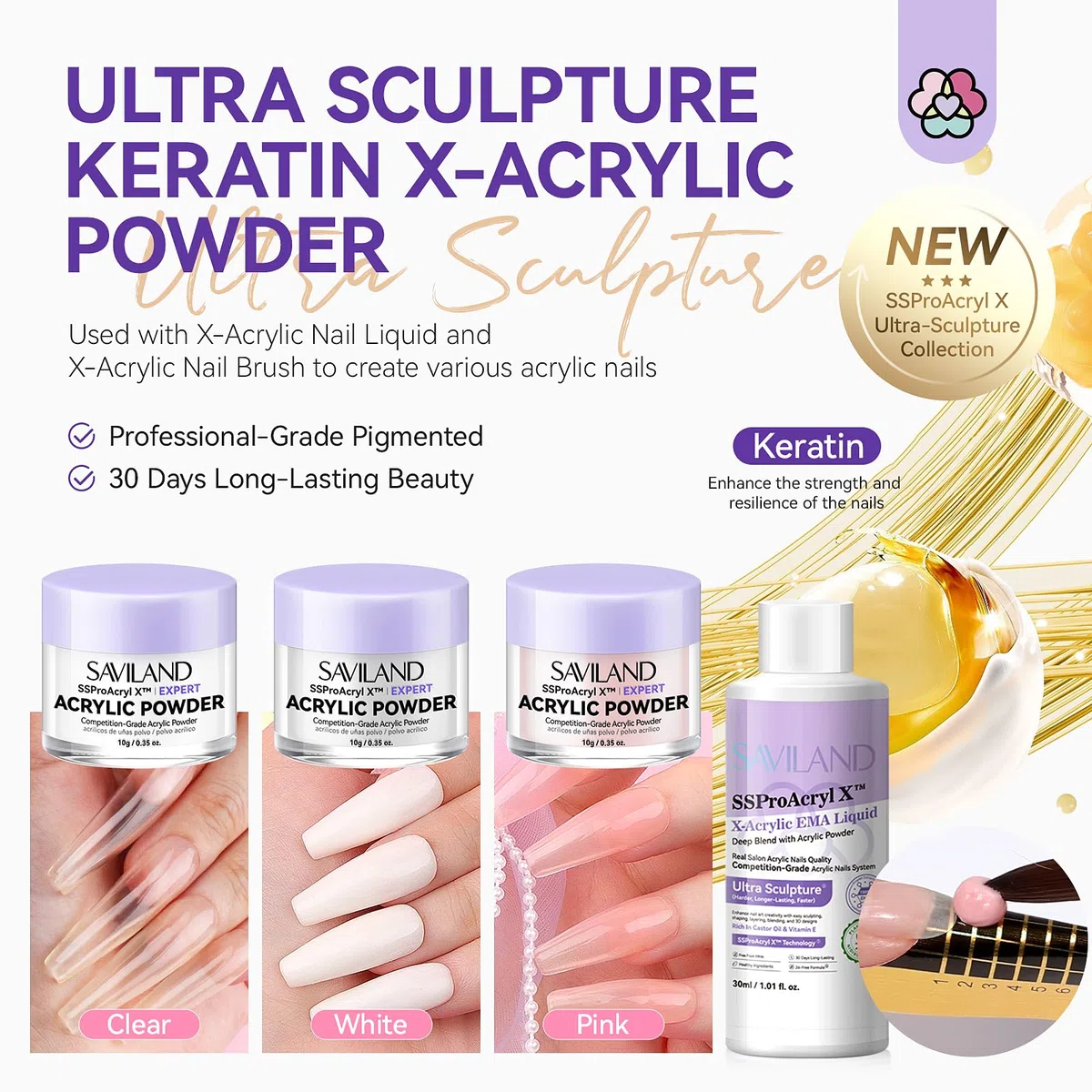 Saviland Kit Per Unghie Acriliche: Polvere Acrilica Trasparente Rosa Bianca E Pennello Per Unghie Acriliche, Liquido Acrilico EMA, 2 Pezzi Di Olio Per Cuticole Per Unghie Da Salone