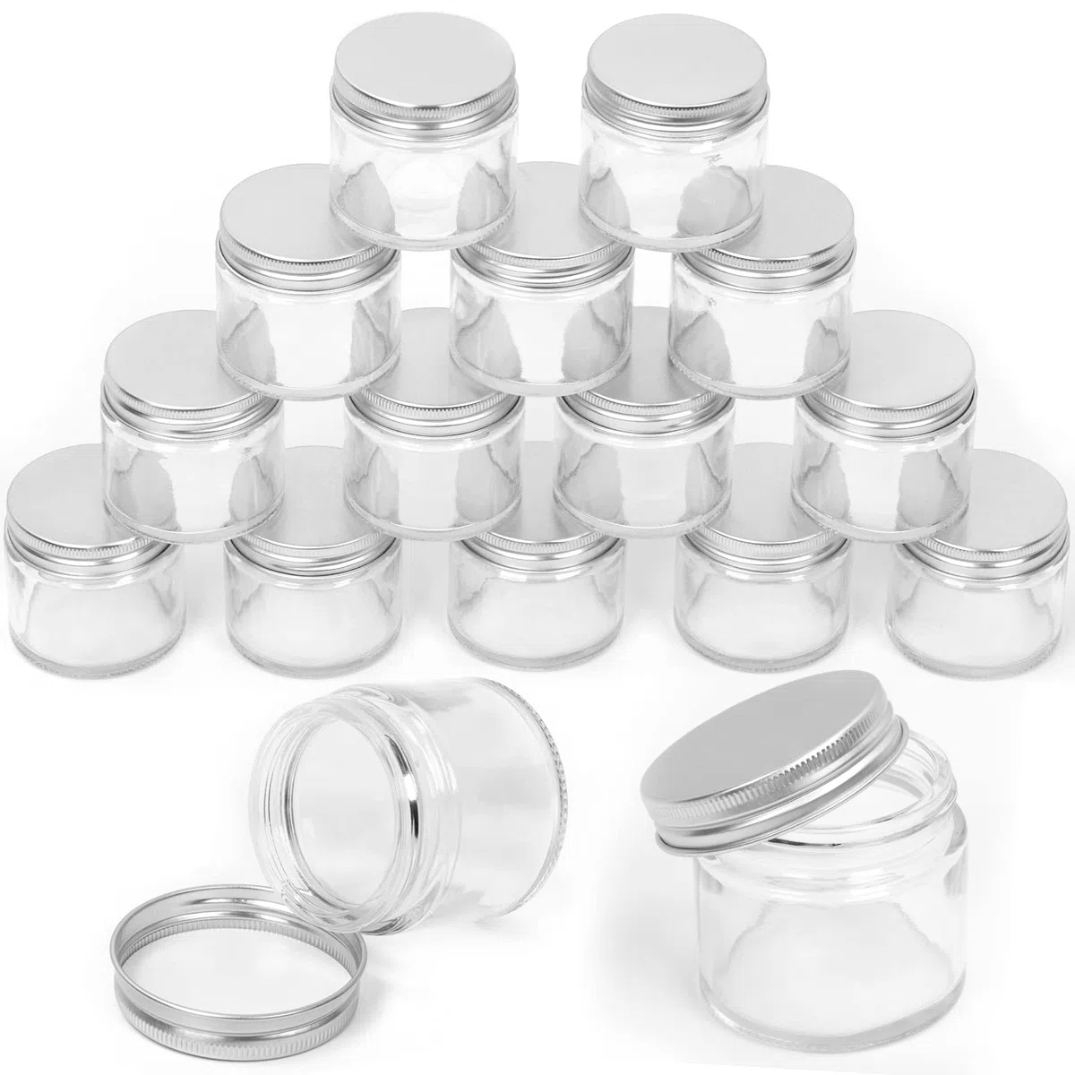Swpeet Confezione da 15 barattoli in vetro trasparente da 60 ml con coperchio argentato, contenitori rotondi in vetro per cosmetici, barattoli da viaggio per cosmetici, creme e lozioni