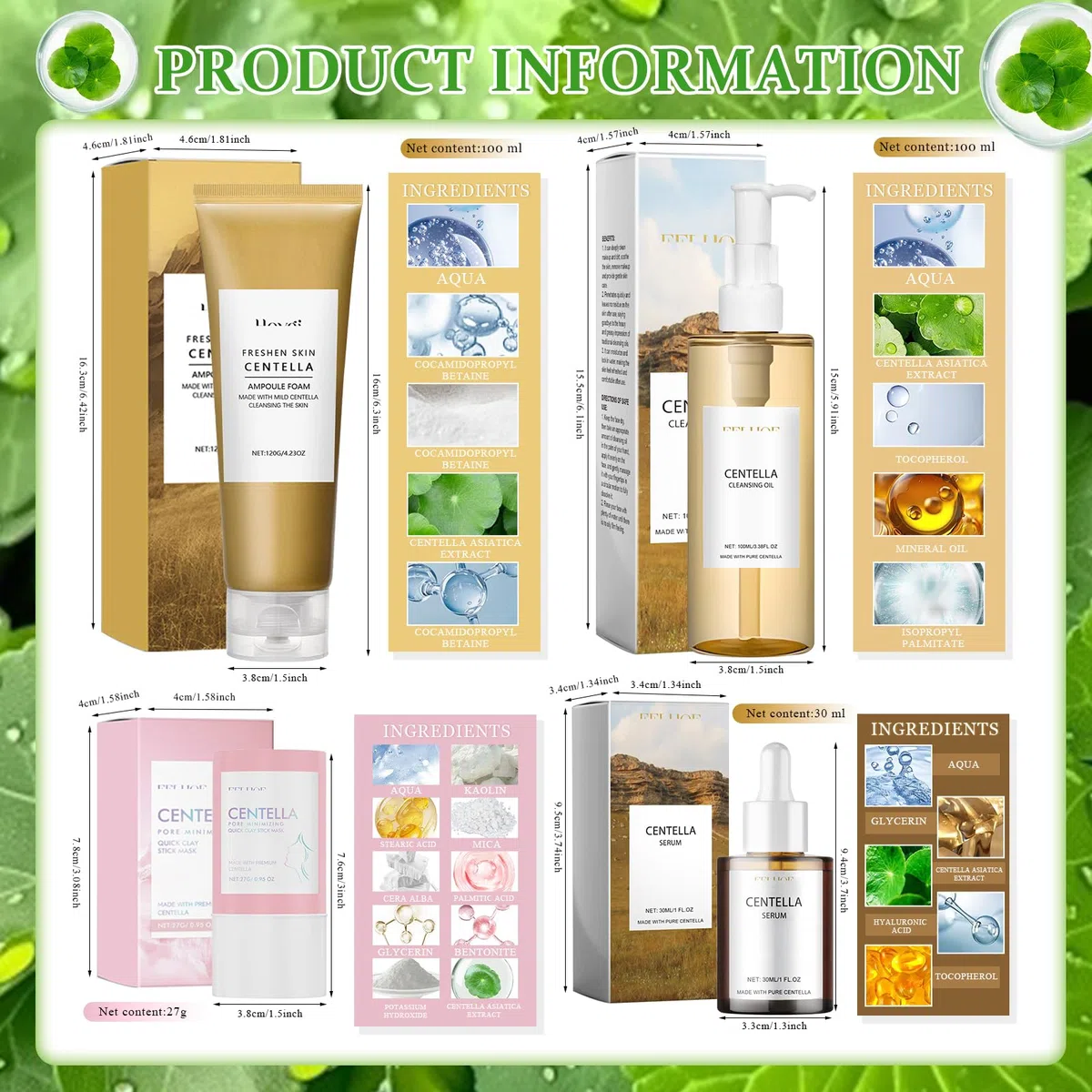 4 Pezzi Centella Kit, Centella Cleansing Oil + Centella Detergente Viso + Siero Viso + Centella Stick Mask, Skincare Kit, Delicato e Leggero, Adatto Alle Pelli Sensibili