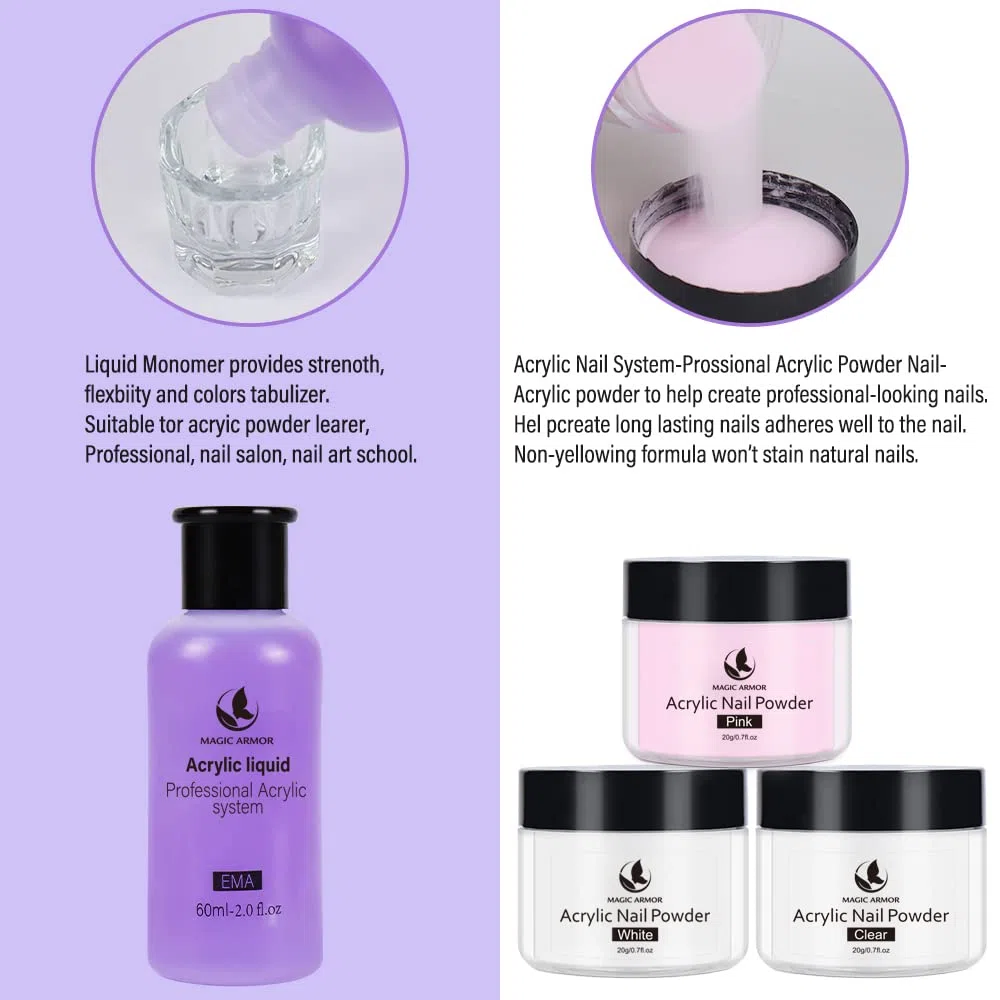 MAGIC ARMOR Set Polvere e 60ML Liquido Acrilico Per Unghie，3 Colori （Polvere Trasparente, Rosa, Bianco) 20g，Adatto a Principianti ed Esperti di Unghie Set Polvere e Liquidi Acrilici