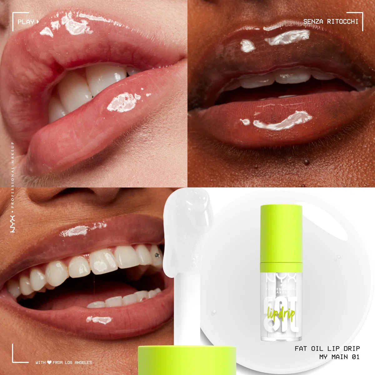 NYX Professional Makeup Set di Gloss Labbra, Finish Extra Brillante, Fino a 12H di Idratazione, Con Maxi Applicatore, Arricchito con Oli di Squalano, Lampone e Camemoro, Fat Oil Lip Drip, 4 Tonalità