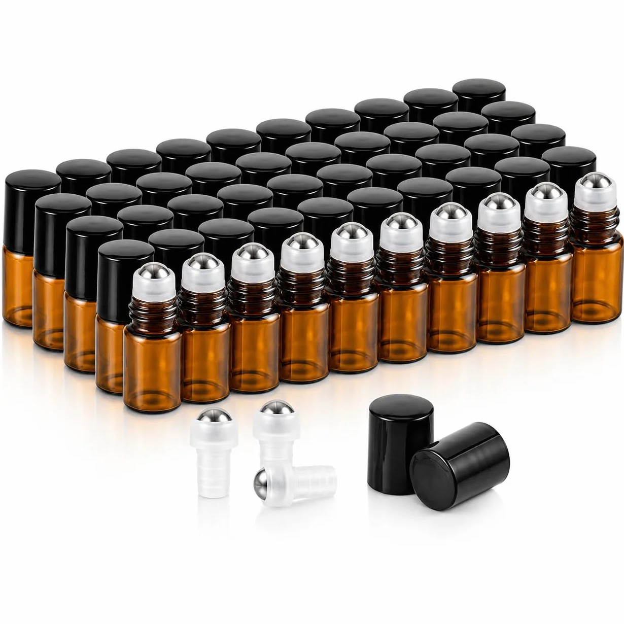 CYEER 50 Flaconi Roll-on in Vetro 2ml, Flaconi per Oli Essenziali con Pallina in Acciaio Inossidabile, Vetro Marrone Anti-UV, per Aromaterapia, Spa, Massaggio, Viaggio