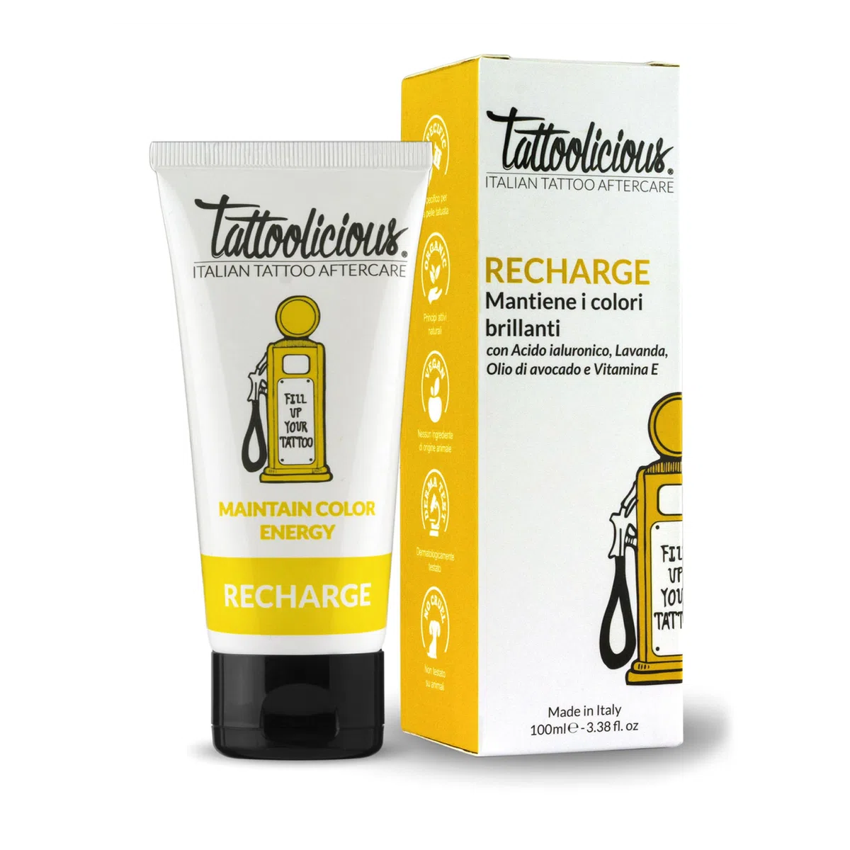 Tattoolicious RECHARGE 100 ml – Crema Rivitalizzante e Anti-Age per Tatuaggi | Neri e Colorati | Con Ingredienti Naturali e Principi Attivi Bio, Vegan, Cruelty Free, Derma Tested | Made in Italy