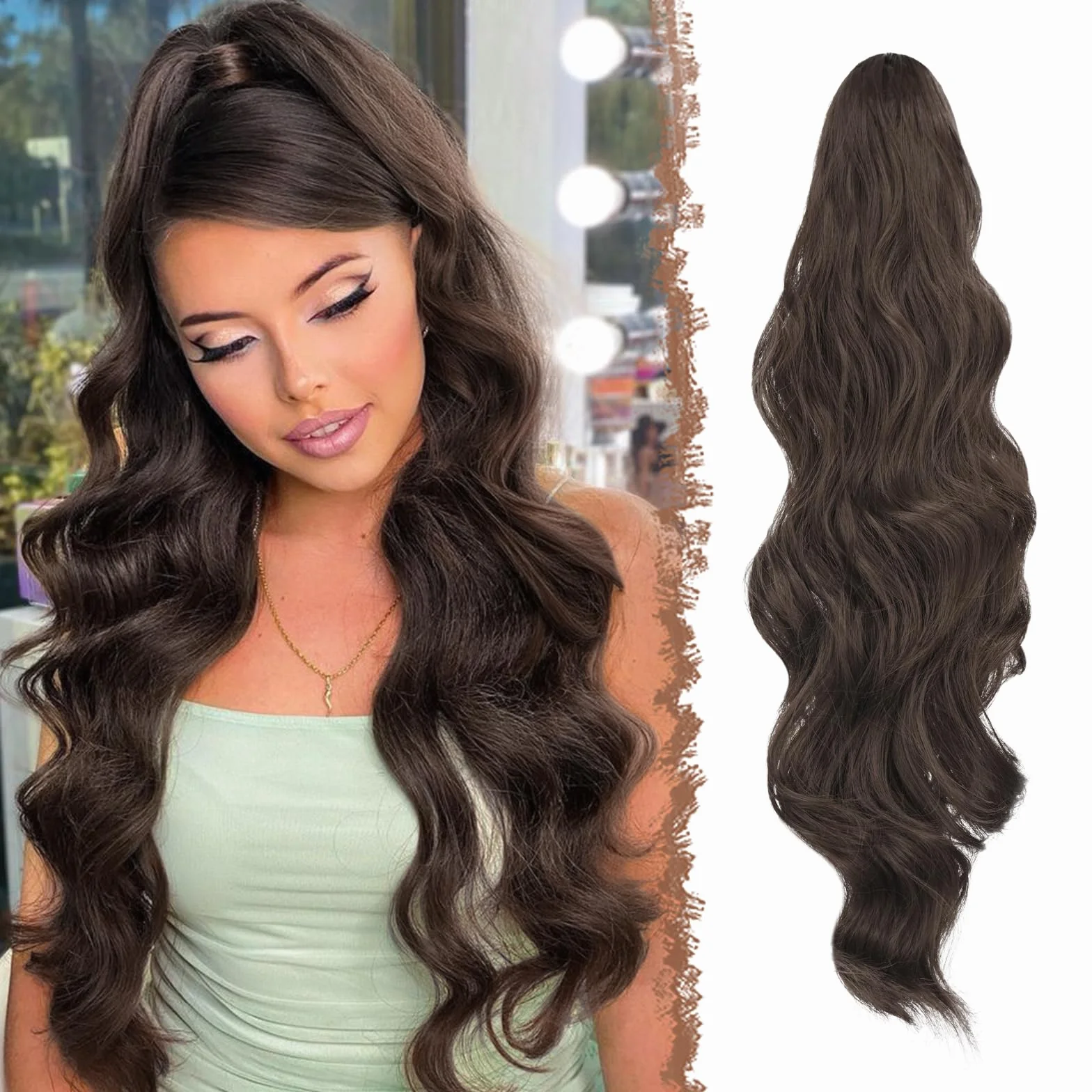 FESHFEN Extension Coda Capelli Lunga Castano Medio Posticci per Capelli Ondulati Ricci Coda Cavallo Capelli Extensions Finta per Donne, 60 cm
