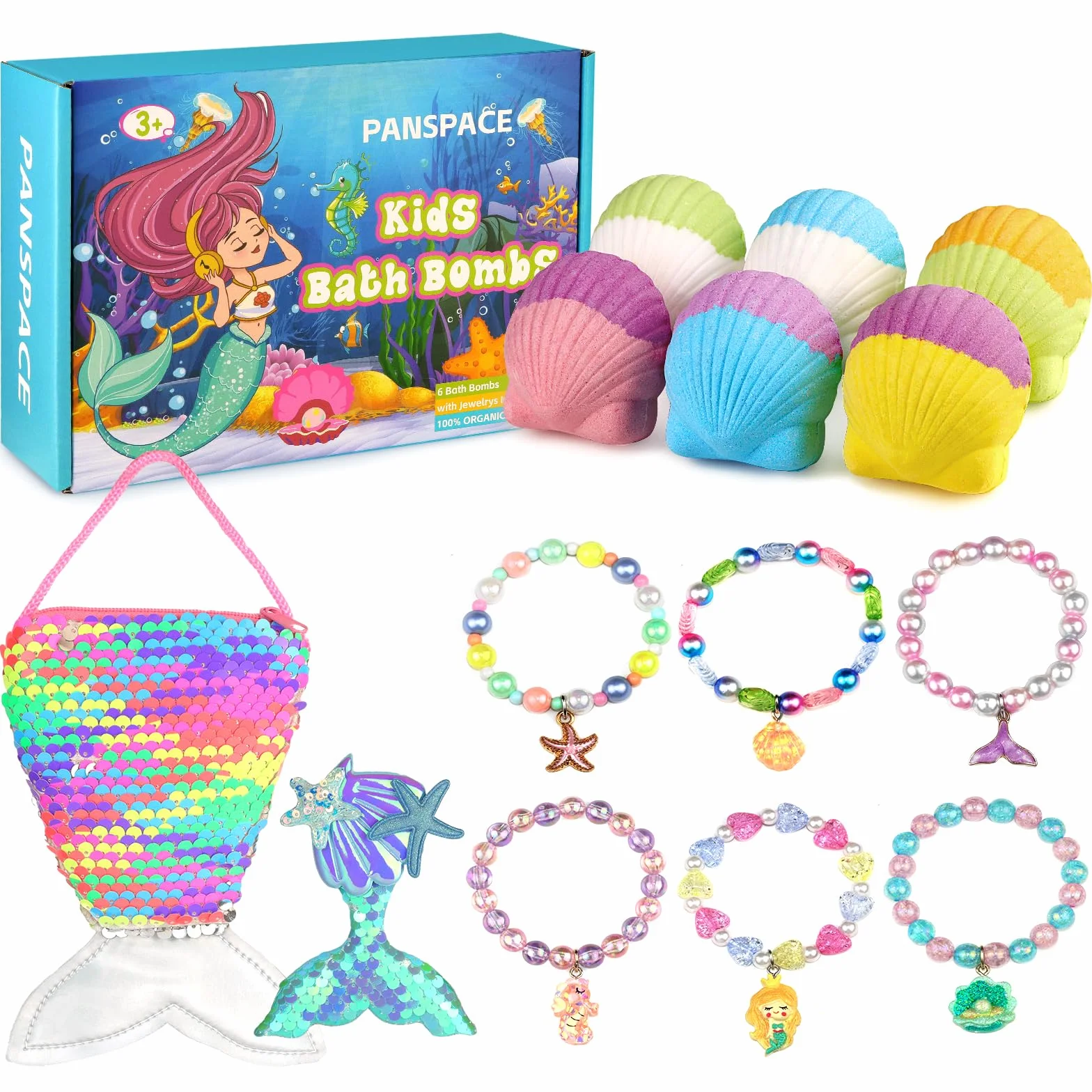 Bombe da bagno per bambini con sorpresa all'interno, 6 PCS bombe da bagno organiche per ragazze e bambini di età compresa tra 3 e 12 anni, set regalo palla da bagno compleanno con braccialetti sirena
