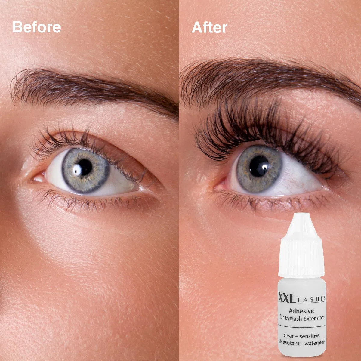Colla per Extension di Ciglia anallergica, sensibile, resistente agli olii e all'acqua, vegano, inodore, XXL Lashes Adhesive for eyelash extensions, impermeabile, sicurezza certificata, chiaro