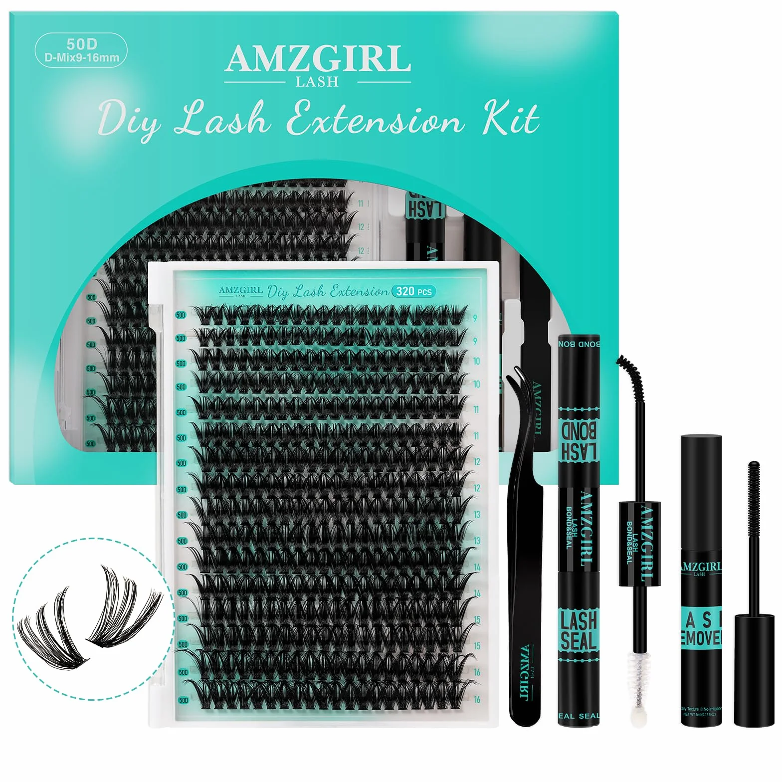 Kit di extension per ciglia, 320 pezzi, kit fai da te per singoli gruppi di ciglia, legatura e sigillatura delle ciglia, rimozione delle ciglia per le extension(kit 50D, D-Mix9-16mm)