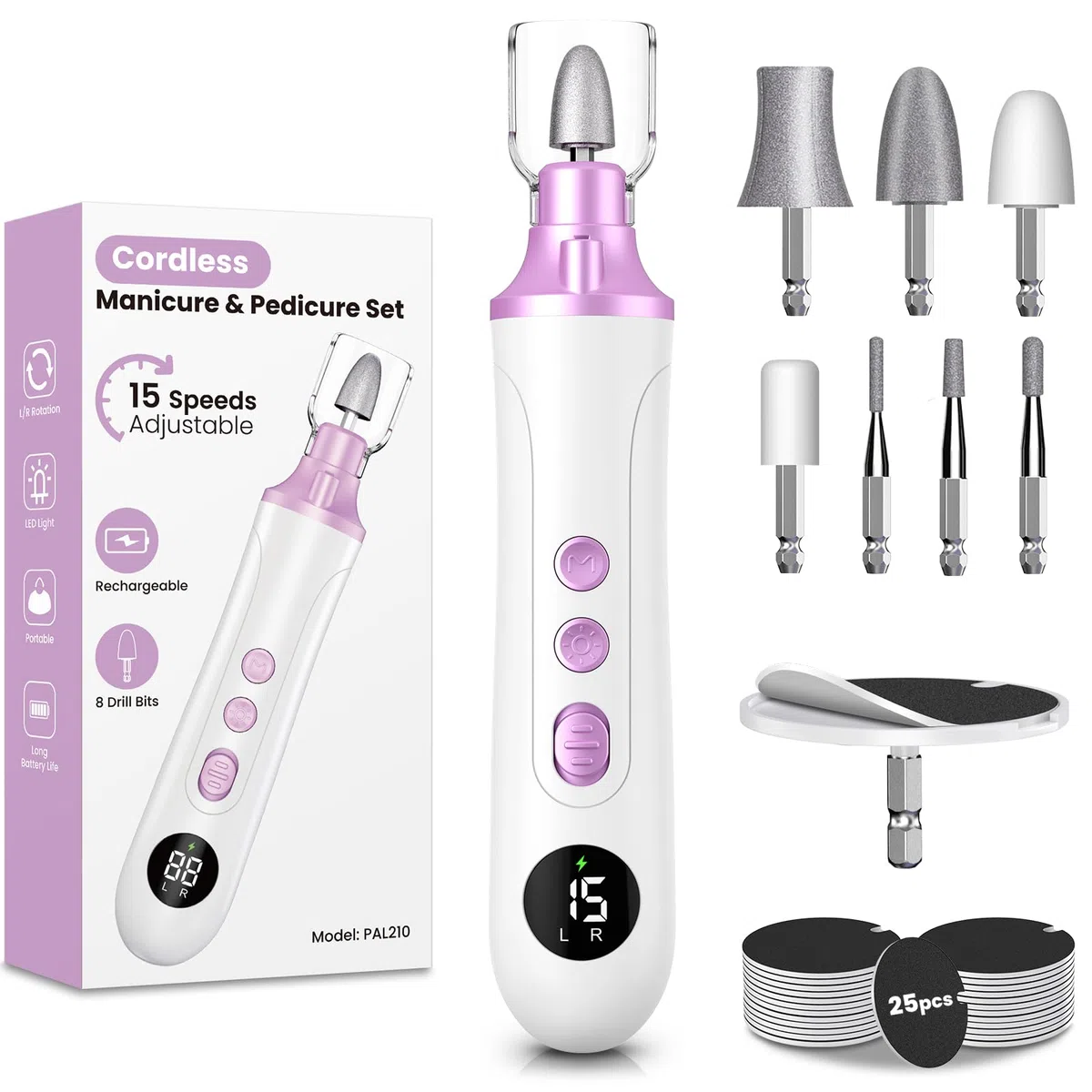 Fresa Professionale per Manicure e Pedicure, Lima per Unghie Elettrica, 15 Velocità Regolabil, Fresa per Unghie Piedi con 8 Accessori, Set Manicure Elettrico per Mani O Piedi, Casa e Salone