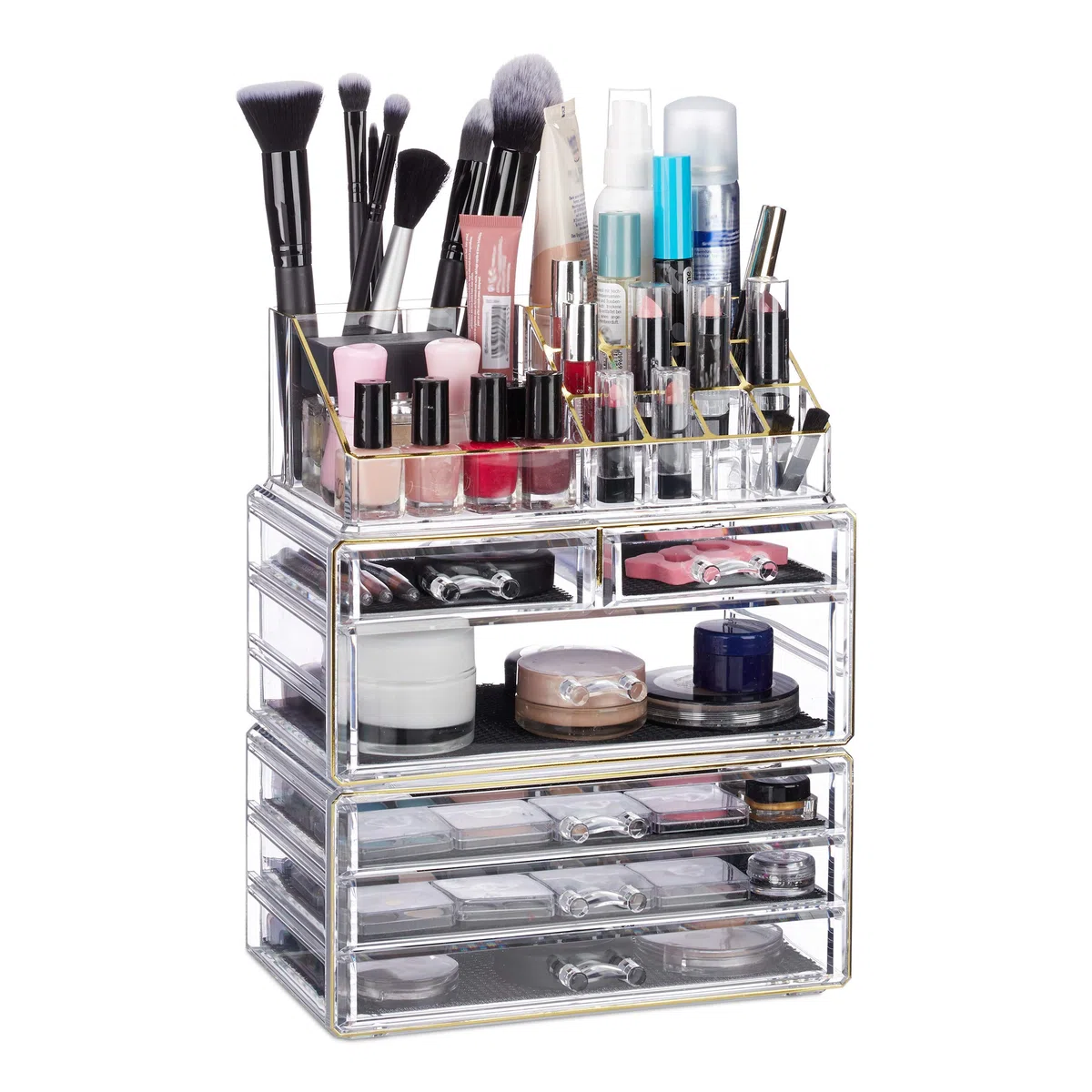 Relaxdays Contenitore per Cosmetici a 6 Cassetti, 22 Scomparti, Make Up Organizer, Porta-Trucchi, Acrilico, Oro
