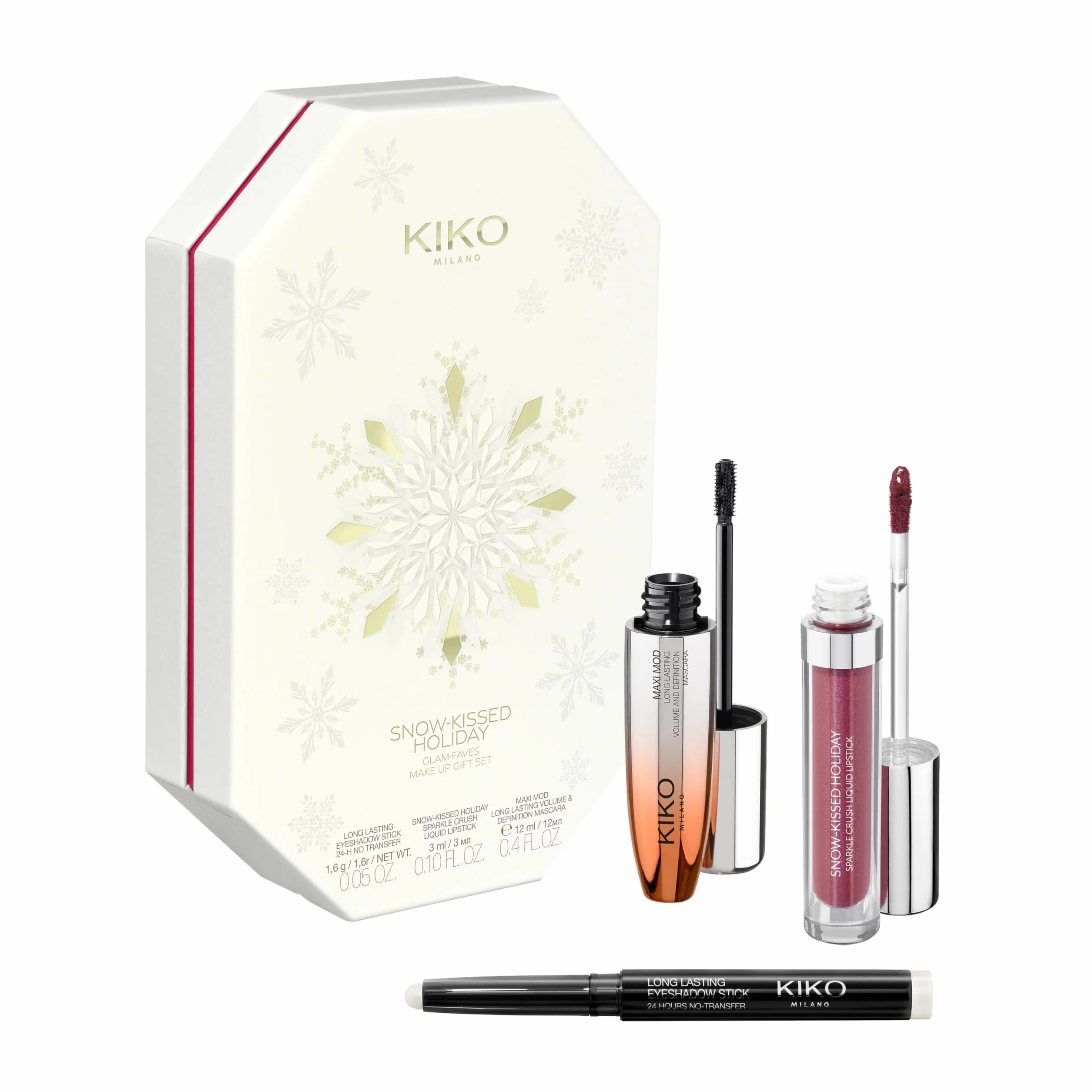 KIKO Milano Snow-Kissed Holiday Glam-Faves Make Up Gift Set, Gift Set Makeup: Mascara Effetto Volume, Rossetto Da Mat A Scintillante E Ombretto In Stick
