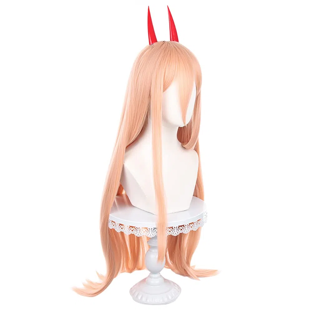 Parrucca Anime Cosplay per motosega uomo power light arancione Cosplay parrucca + 2 corna lunghe dritte con frangia + cuffia per parrucca gratuita