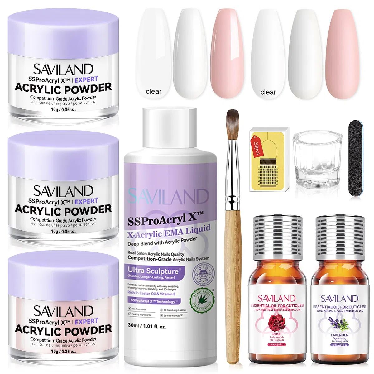 Saviland Kit Per Unghie Acriliche: Polvere Acrilica Trasparente Rosa Bianca E Pennello Per Unghie Acriliche, Liquido Acrilico EMA, 2 Pezzi Di Olio Per Cuticole Per Unghie Da Salone