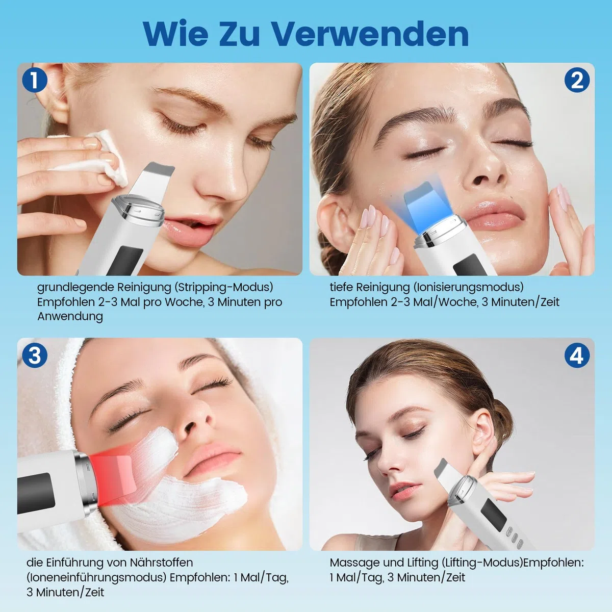 Skin Scrubber a ultrasuoni, pulitore per pori, elettrico con 4 modalità e luce rossa, luce blu, dispositivo ad ultrasuoni, dispositivo ad ultrasuoni per la pulizia del viso (bianco)